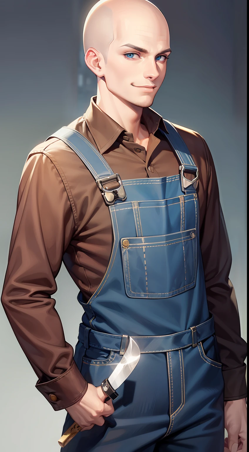 Young guy, bald, The eyes are blue, blue overalls, bloods, knife, smirk, Masterpiece, hiquality
