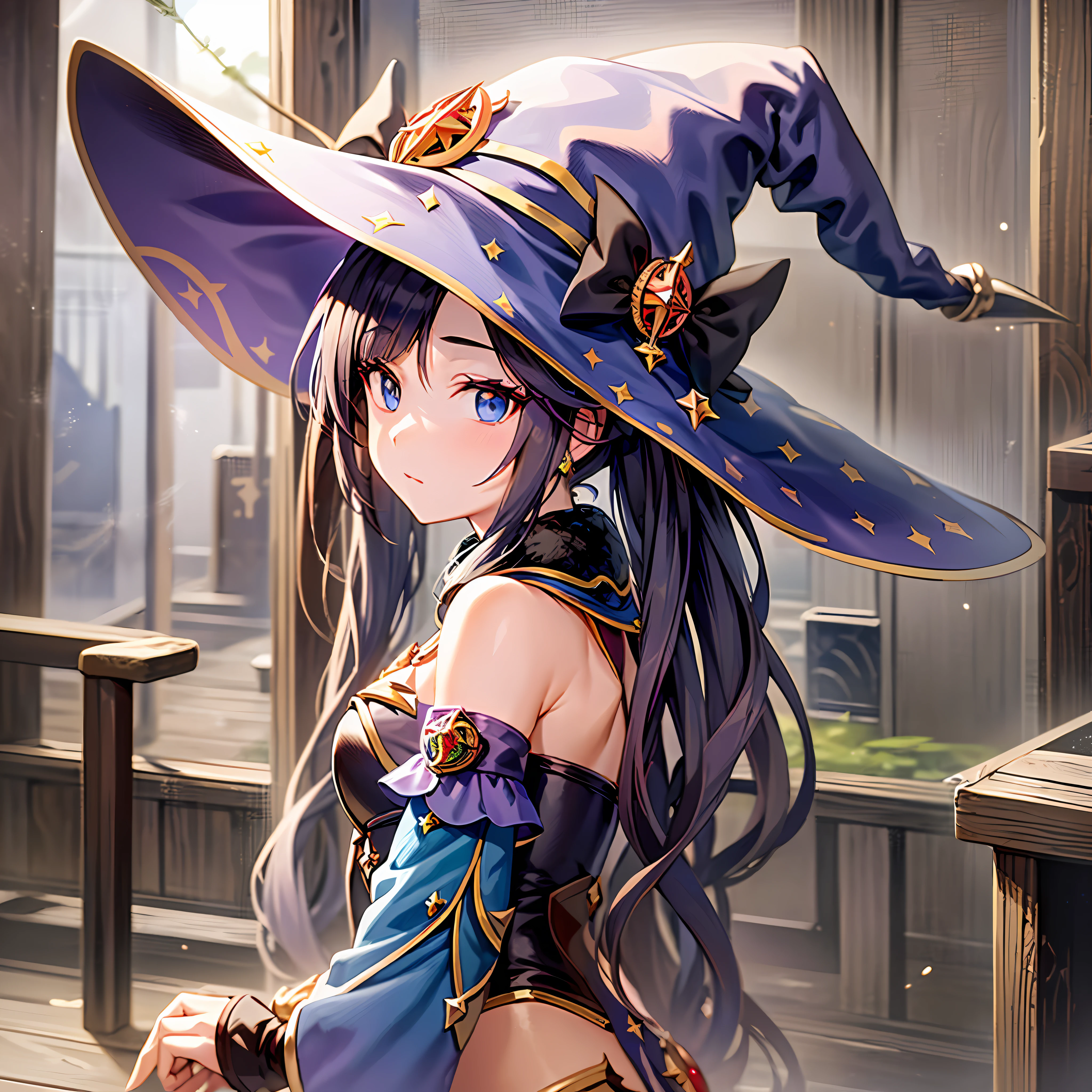 Mast, best quality, 1 girl, mona \ (Genshin Impact), twintail hair, blue eyes, long hair, witch hat, hair accessories, looking at the audience, from the side