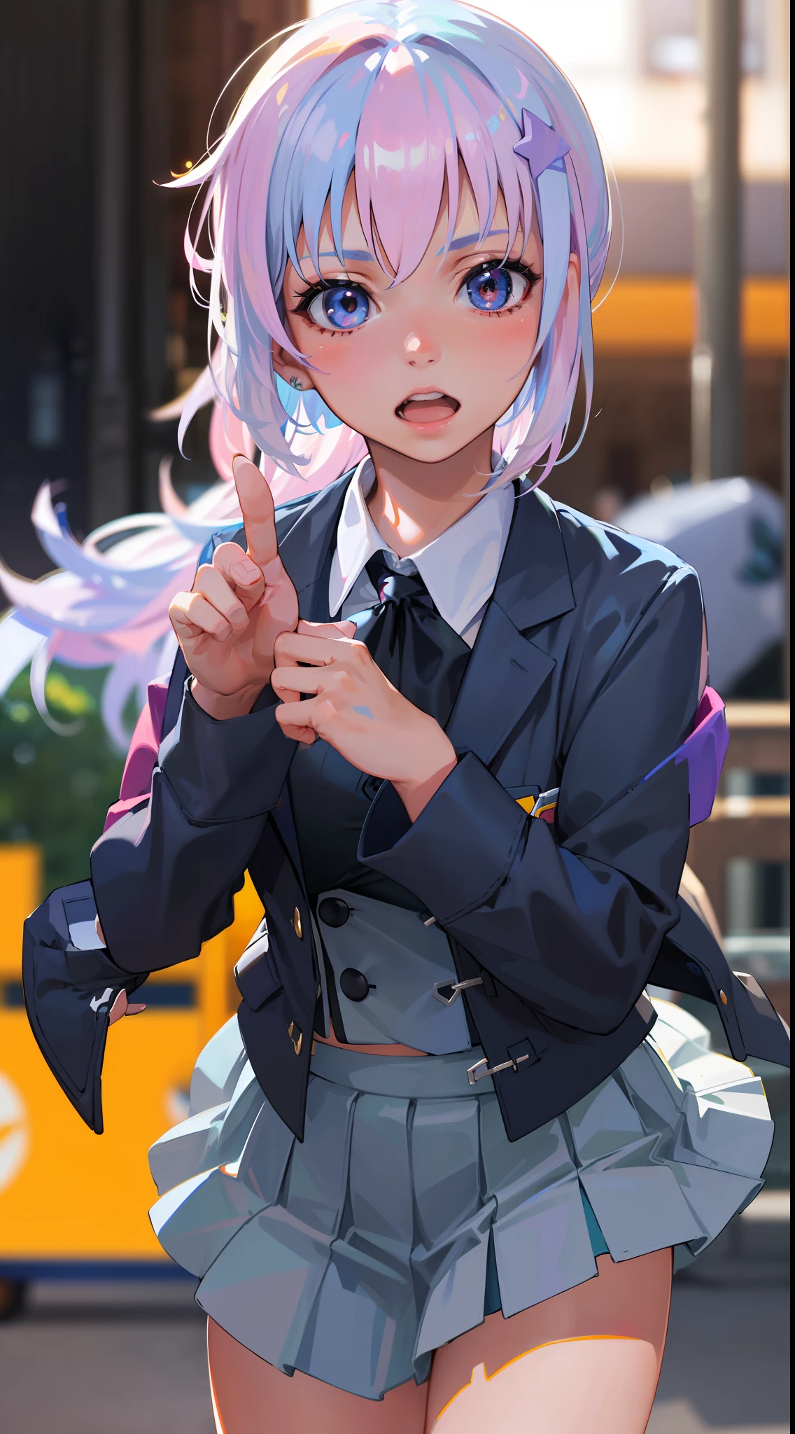 best quality, masterpiece, 1girl, Beautiful face, (photo realistic:1.3), rim lighting, (high detailed skin:1.2), 8k uhd, dslr, high quality, high resolution, 4k, 8k, Bokeh, absurdres, best ratio four finger and one thumb, (realistic:1.3), cute 1girl, wearing black formal blazer, medium breasts, short skirt,