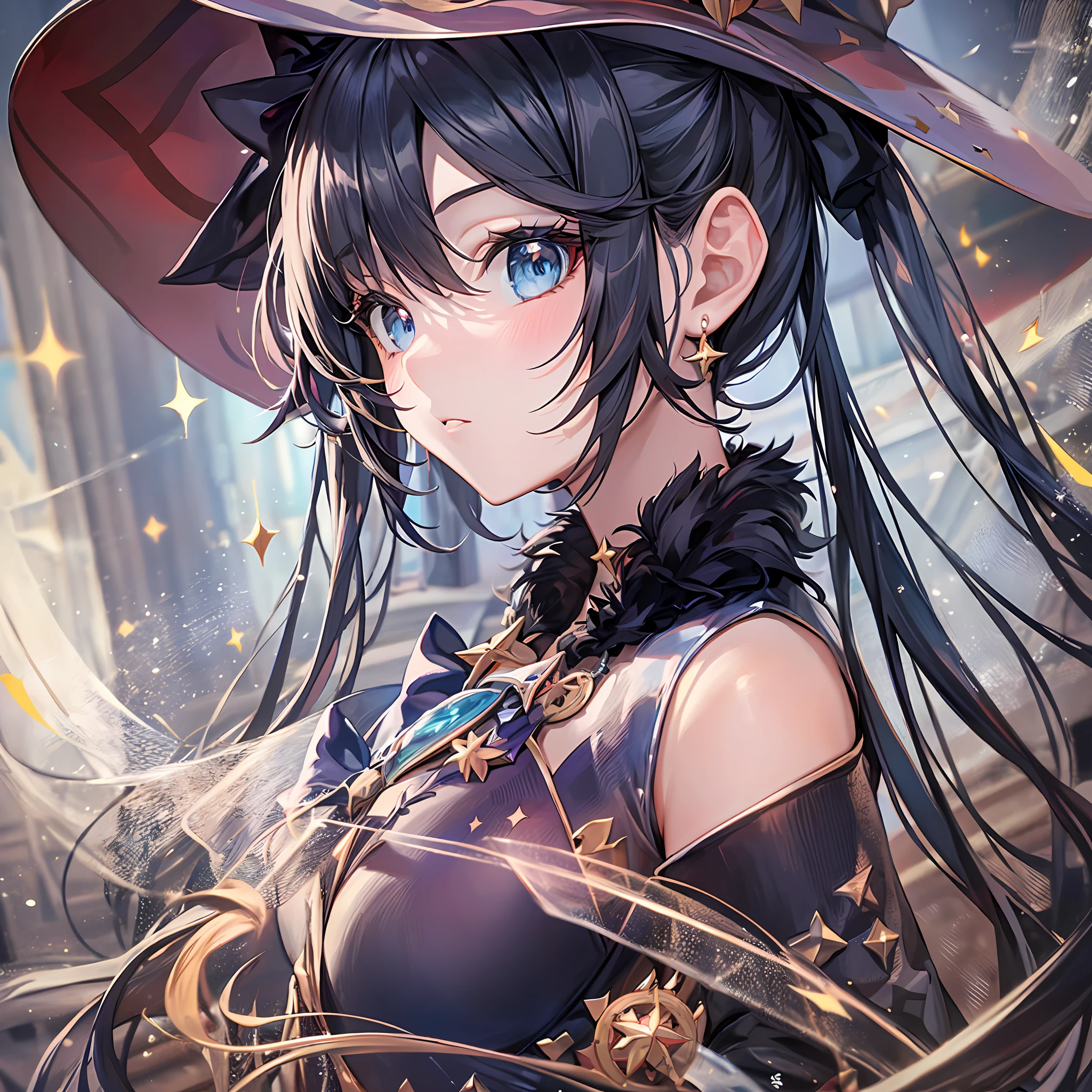 Mast, best quality, 1 girl, mona \ (Genshin Impact), twintail hair, blue eyes, long hair, witch hat, hair accessories, looking at the audience, from the side