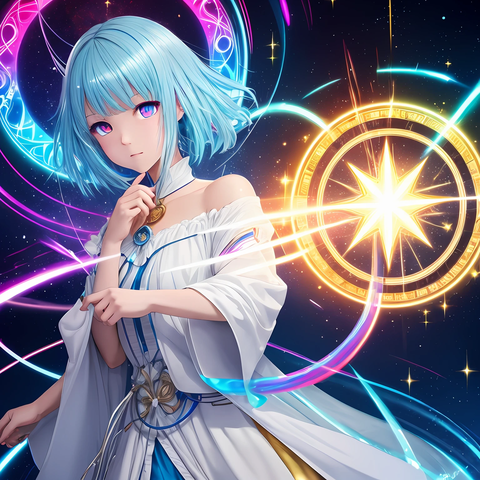 high image, super detail, high resolution, anime, manga, illustration, white robe, cute girl android, expressionless, flowing layered medium blue hair, sparkling big red eyes, slender, full body, background Northern Renaissance style, fantasy, galaxy, magic circle, kaleidoscope, give off rainbow and gold neon light many lines radially from floor and ceiling, cyber punk, water droplets, splashes