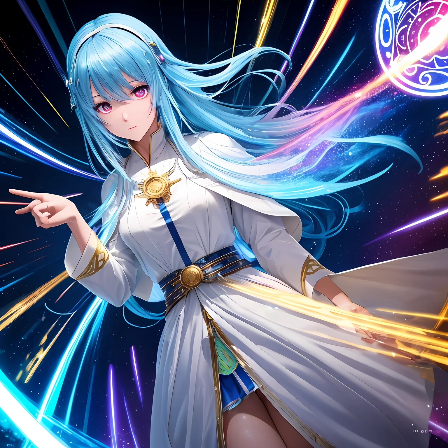 high image, super detail, high resolution, anime, manga, illustration, white robe, cute girl android, expressionless, flowing layered medium blue hair, sparkling big red eyes, slender, full body, background Northern Renaissance style, fantasy, galaxy, magic circle, kaleidoscope, give off rainbow and gold neon light many lines radially from floor and ceiling, cyber punk, water droplets, splashes