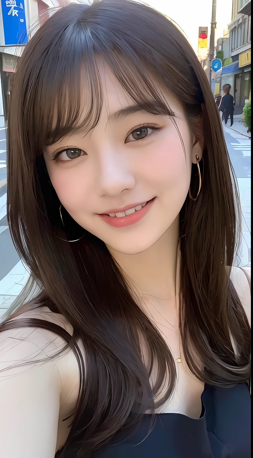((top-quality、8k、masterpiece:1.3))、1girl in、a smile、full bodyesbian、Slim Faces、Pretty women、(dark brown hair)、Full-length dresses:1.1、hyperdetailed face、A detailed eye、二重まぶた、blured background、Slim Faces、城市、takeout、a street、With bangs