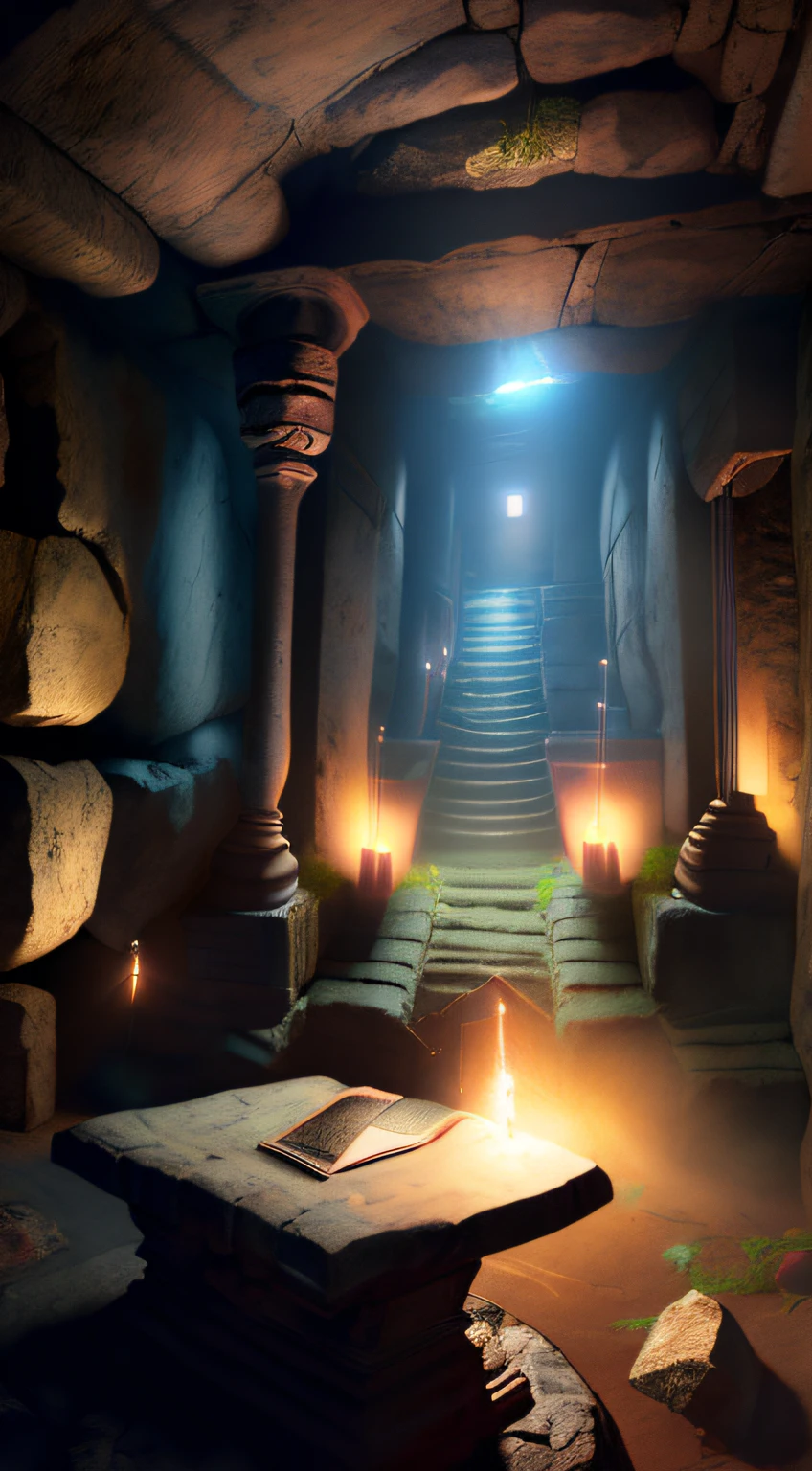 （Ancient underground style：1）There are secret rooms in ancient tombs，There is a stone table in the middle，Above the stone table is a book floating，Glowing