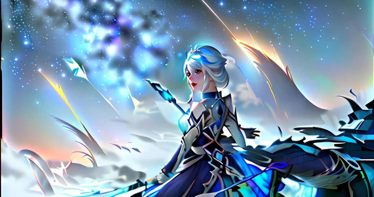 Screen description: The girl sat on a field of grass，Has long silver-white hair