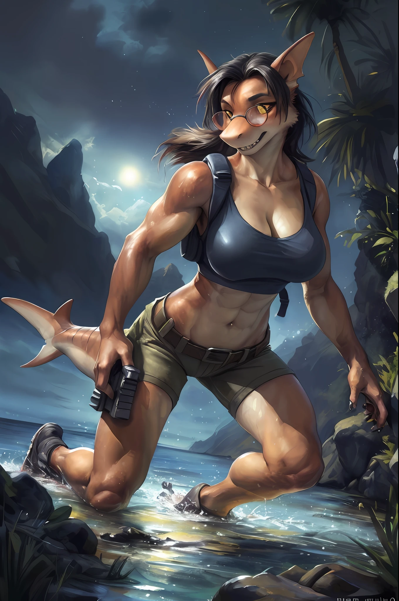 solo, (beautiful female:1.4), (nice shark girl),  ( fit, abs), busty, big erect breasts, erect nippleslips,  slim waist,  (black hair),  ( female shark | Lara Croft ), (((female))),  orange body scales, white belly,  (kemono:1.5), 
( khaki shorts ), lightblue crop top, ( two pistols-gans on hips ), wide belt, long braid, ( (red) round glasses :1.2), (red glasses), ( small backpack on her back:1.2), army boots, leather straps on hips and biceps,   e621, (female body),  slim sports body, 
 shark tail, cameltoe,  (body portrait), [slim swimsuit], sharp fangs, 
(detailed eyes, detailed pupils, yellow eyes, glowing eyes),
(outdoors),   ocean beach , night, (particles ,firefly, blue glowing), seeker of adventures,      ( on all fours, in water :1.4) , 
detailed background, photorealistic, realistic hands, 8k HD,
(dark shadows, wide dynamic range, hdr, low light:1.2),
by (by Pino Daeni, (by ruaidri), (by virtyalfobo), (by Kenket). by iskra, by darkgem