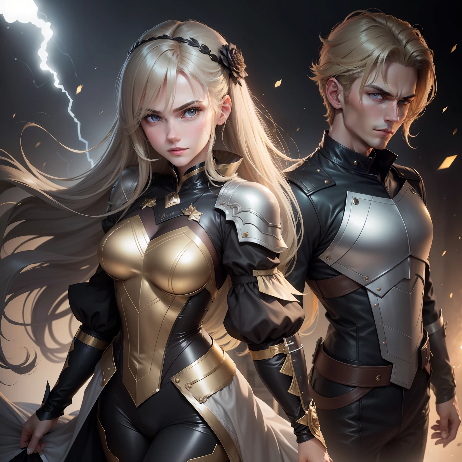 Tall blonde, Dark-haired guy, High Steam, gray eyes, golden eyes, light and dark clothes, Serious girl, Happy Guy, The girl is dressed in silver clothes, And the guy is dressed in gold clothes