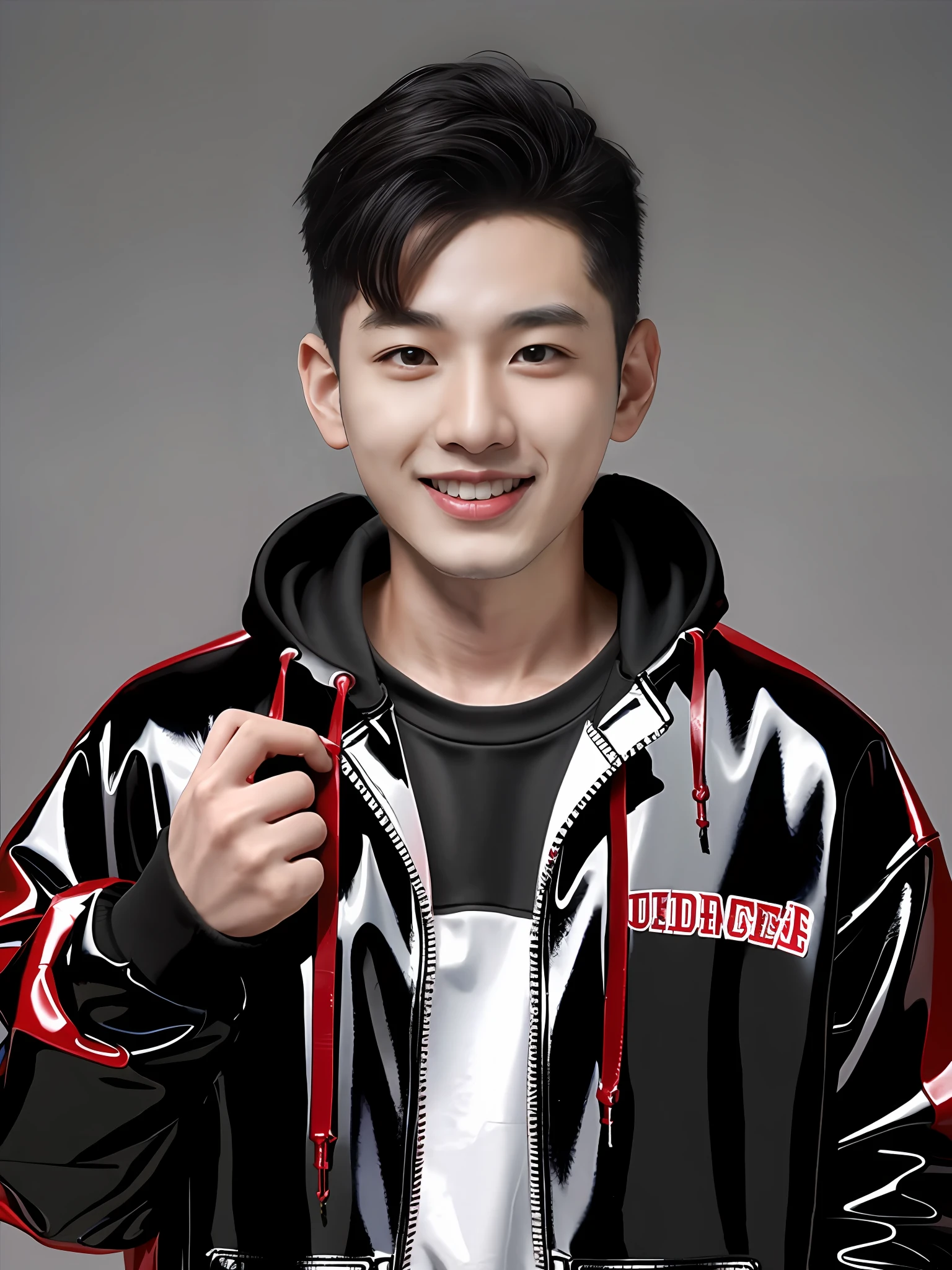 A Chinese male high school student,Wearing a red PVC sweatshirt