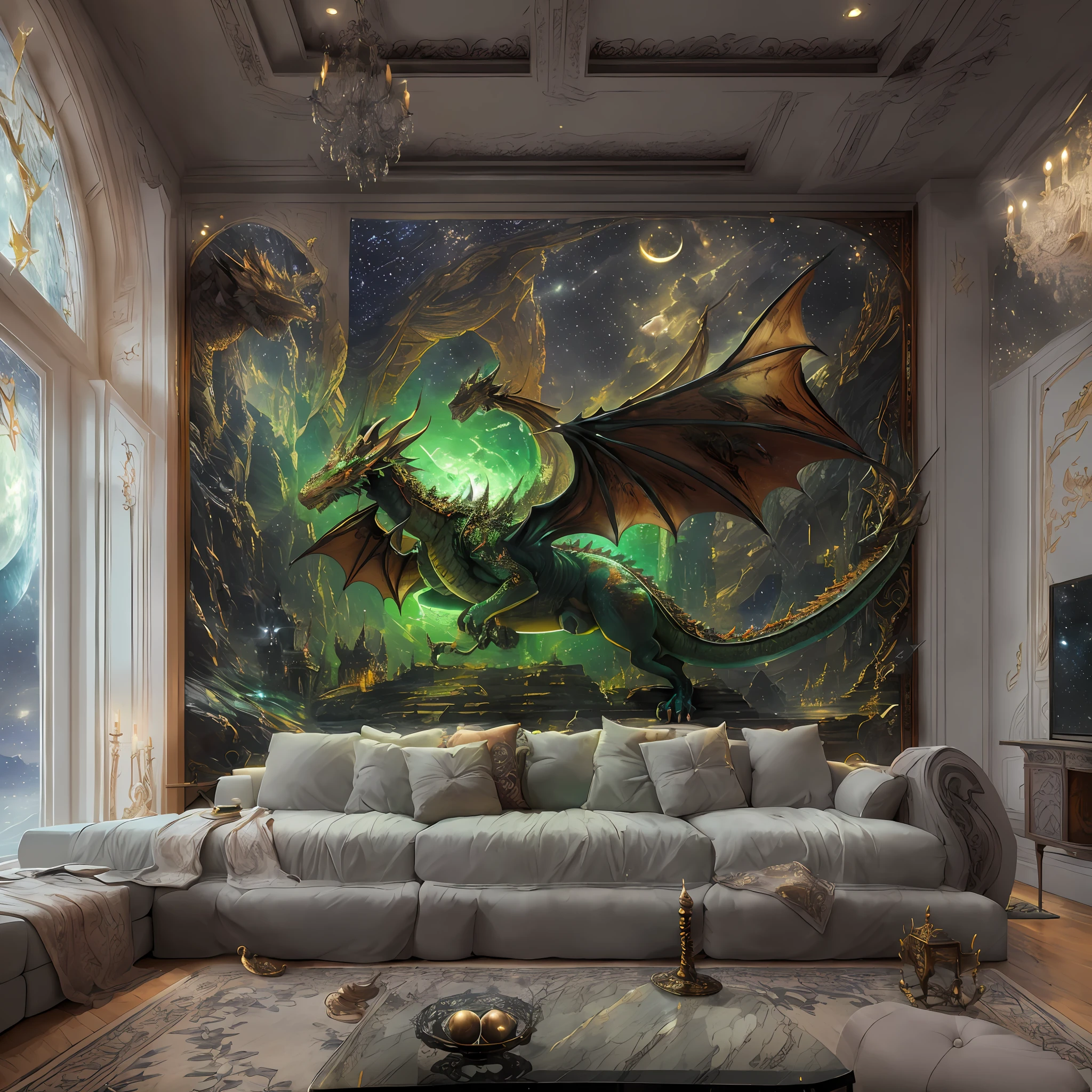 high details, best quality, 8k, [ultra detailed], masterpiece, best quality, (extremely detailed), dynamic angle, ultra wide shot, photorealistic, modern living room  room, fantasy art decoration (intense details, Masterpiece, best details: 1.5), decorative swords on the wall (intense details, Masterpiece, best details: 1.5), picture of a dragon on the wall (intense details, Masterpiece, best details: 1.5), large windows, night time, seeing moon light thorough window, stars, modern chandeliers, wine refrigerator, 2 sofas, large sofas (intense details, Masterpiece, best details: 1.5)
