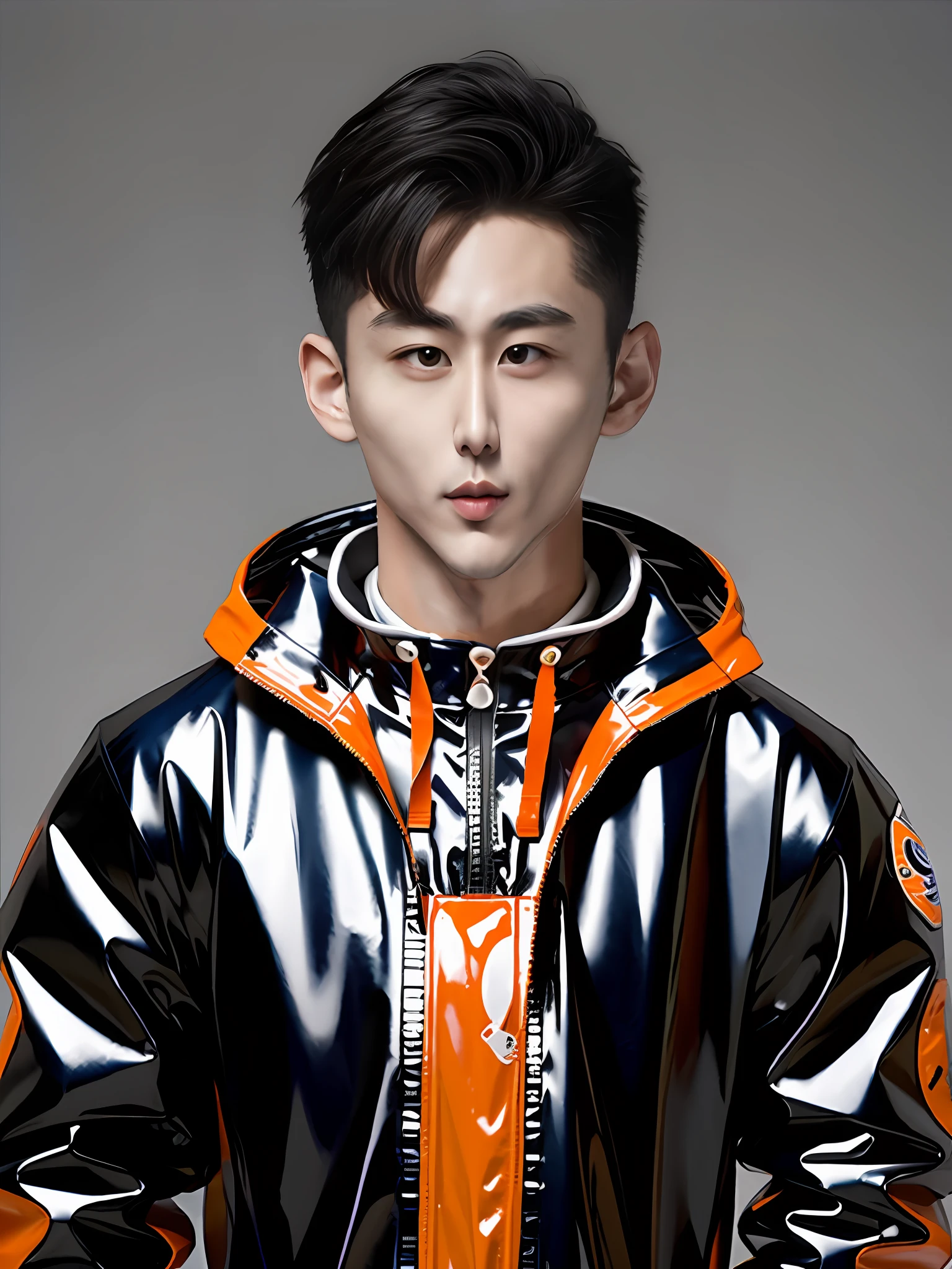 A Chinese male high school student,Wearing a PVC game suit with an orange chicken pattern