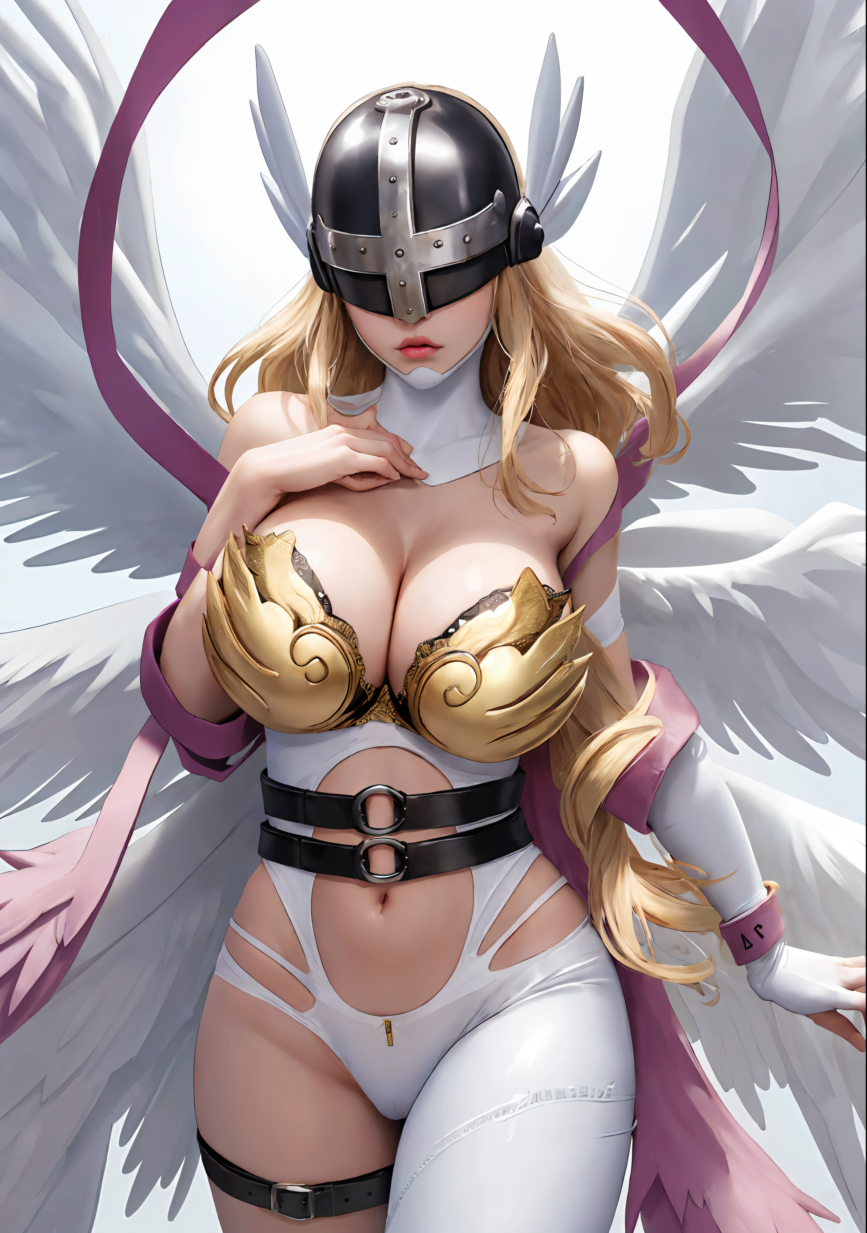 (masterpiece, best quality;1.3), ultra detailed, 
Angewomon, Digimon,winged helmet, helmet over eyes, helmet on, covered eyes,
white multiple wings, white wings, pink hagoromo, single glove, strapless,
white bodysuit, gold strapless bra, black belt, two belts, huge breast,