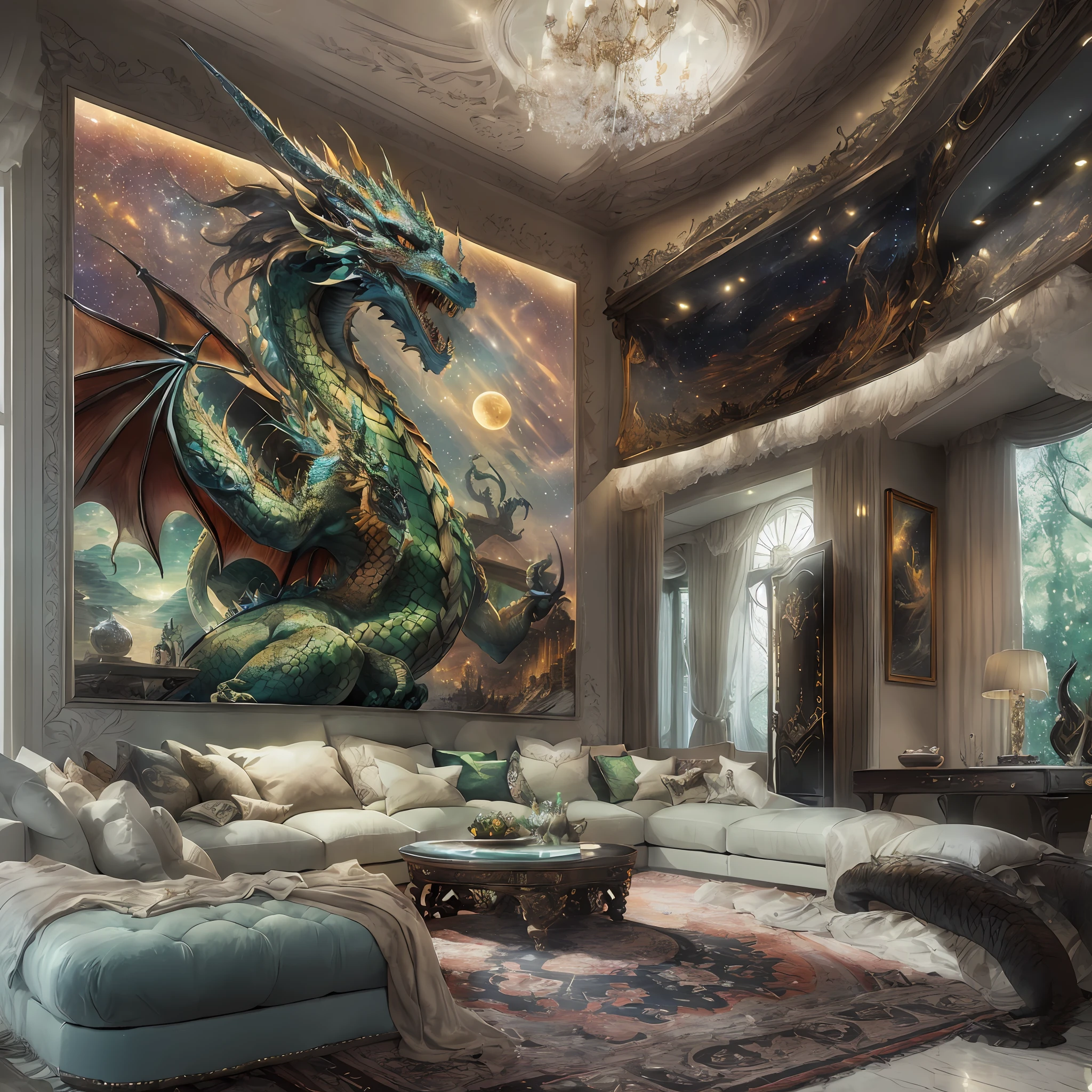 high details, best quality, 8k, [ultra detailed], masterpiece, best quality, (extremely detailed), dynamic angle, ultra wide shot, photorealistic, modern living room  room, fantasy art decoration (intense details, Masterpiece, best details: 1.5), decorative swords on the wall (intense details, Masterpiece, best details: 1.5), picture of a dragon on the wall (intense details, Masterpiece, best details: 1.5), large windows, night time, seeing moon light thorough window, stars, modern chandeliers, wine refrigerator, 2 sofas, large sofas (intense details, Masterpiece, best details: 1.5)
