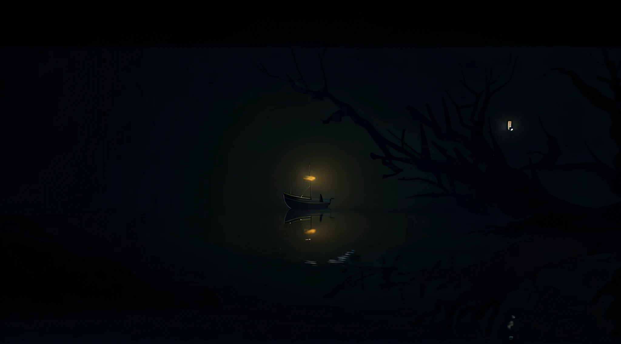 A foggy weather, midnight, Reflection of a boat, (long tree branch) , Wax light