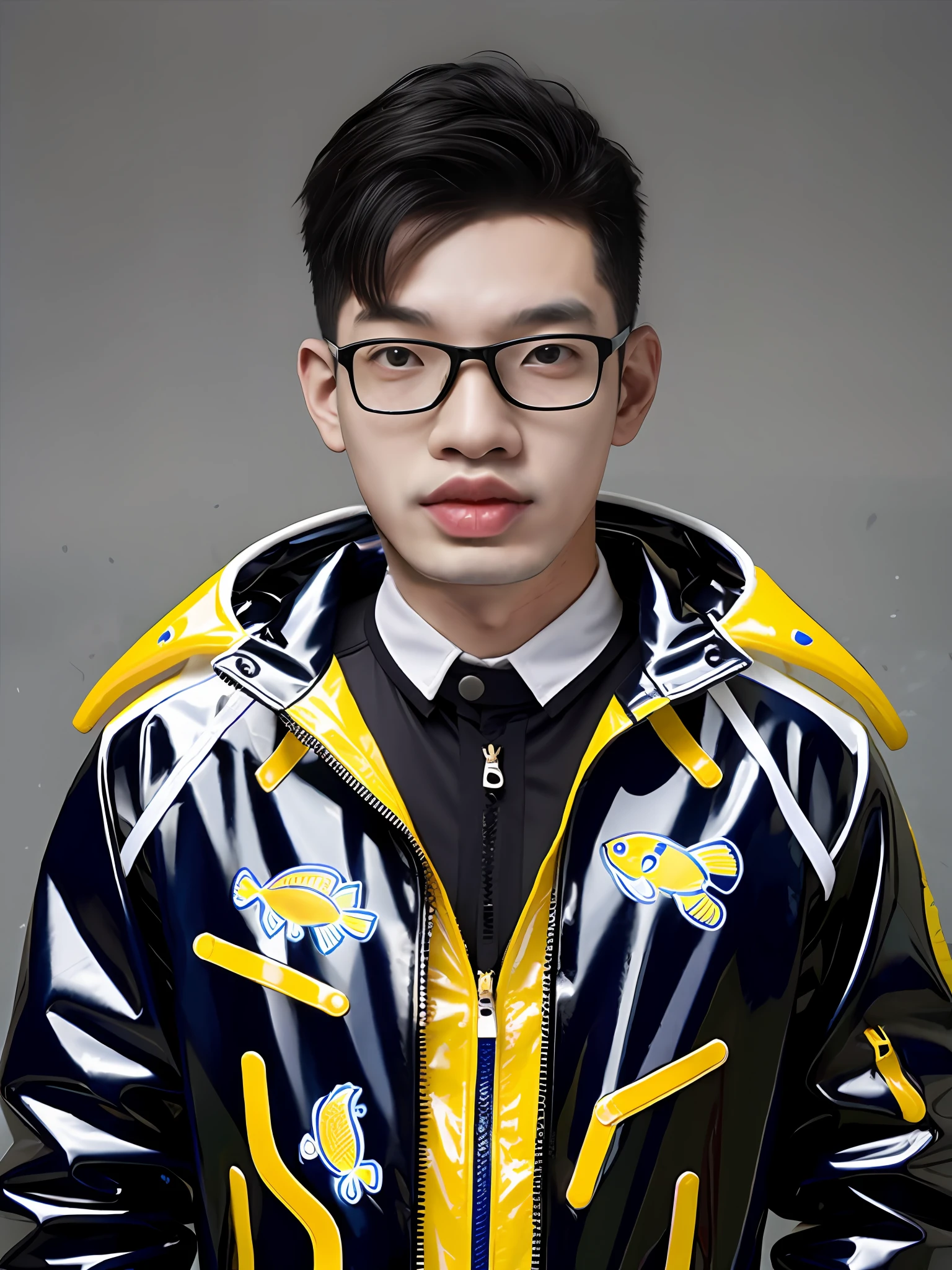 A Chinese male high school student，Wear a PVC game suit with a yellow fish pattern