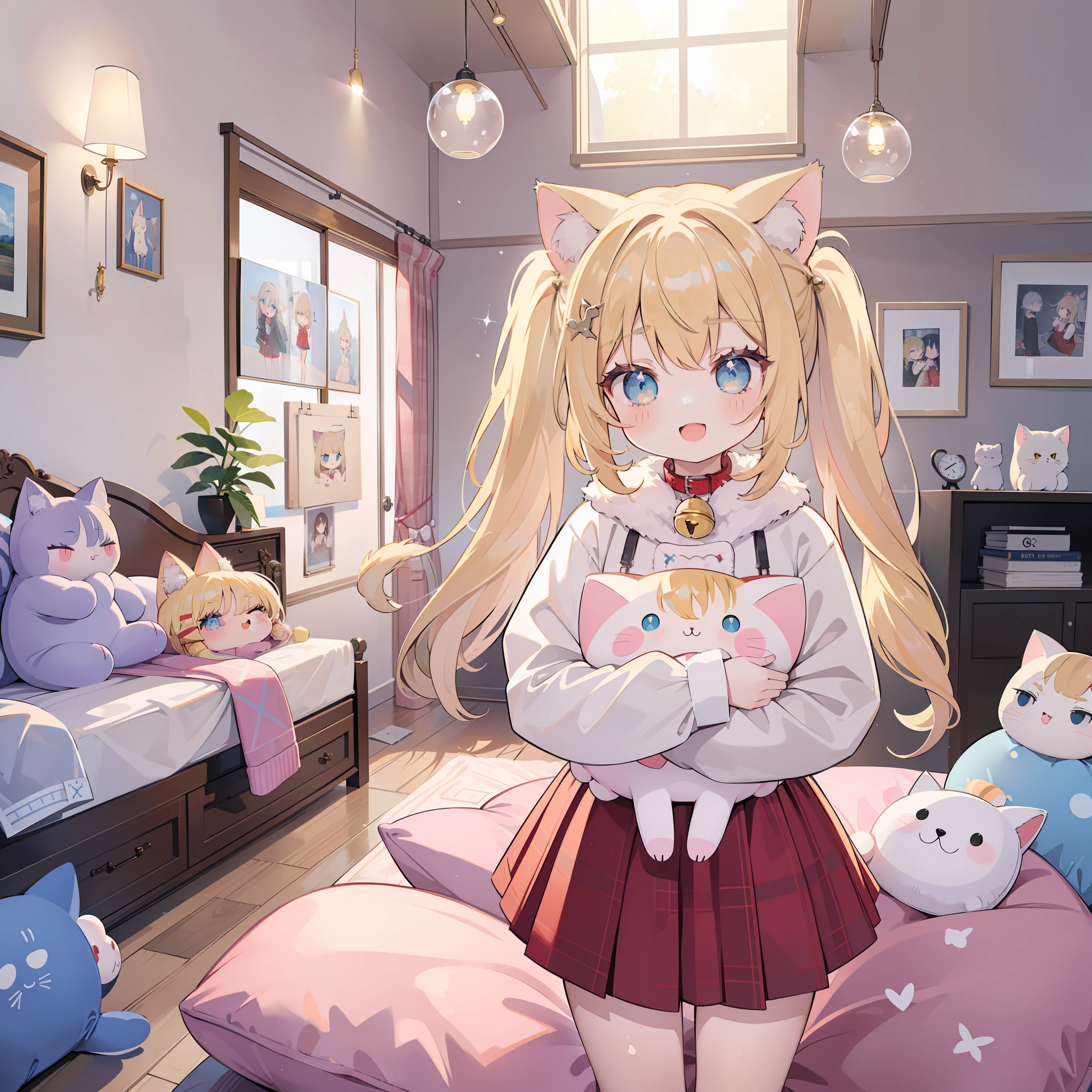 1 girl in、Blonde twintails、length hair、Sagging hair、Blue eyes、Lustrous eyes、cat ear、Cat's tail、Collar with bell、parka、a red skirt、Plaid、Cat Pose、Smile with open mouth、glamor、plushies、Hugging a stuffed animal、Light shining、inside the house、a room((Masterpiece Highest Quality:1.2))