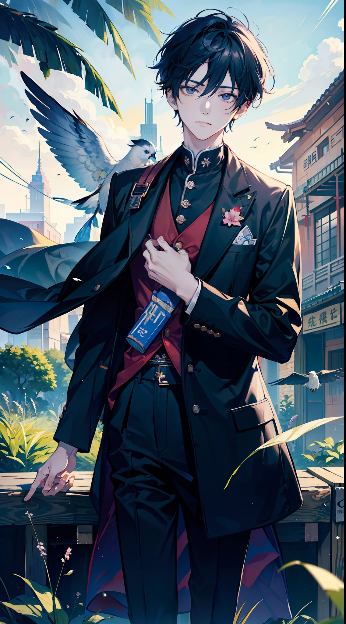 tmasterpiece,Need,1boy,college aged,cool guy,Community,zaun,Spindle tree,afternoon sunshine,On the way from school,校服,backpacks,Flock of Birds,frontage,depth of fields
