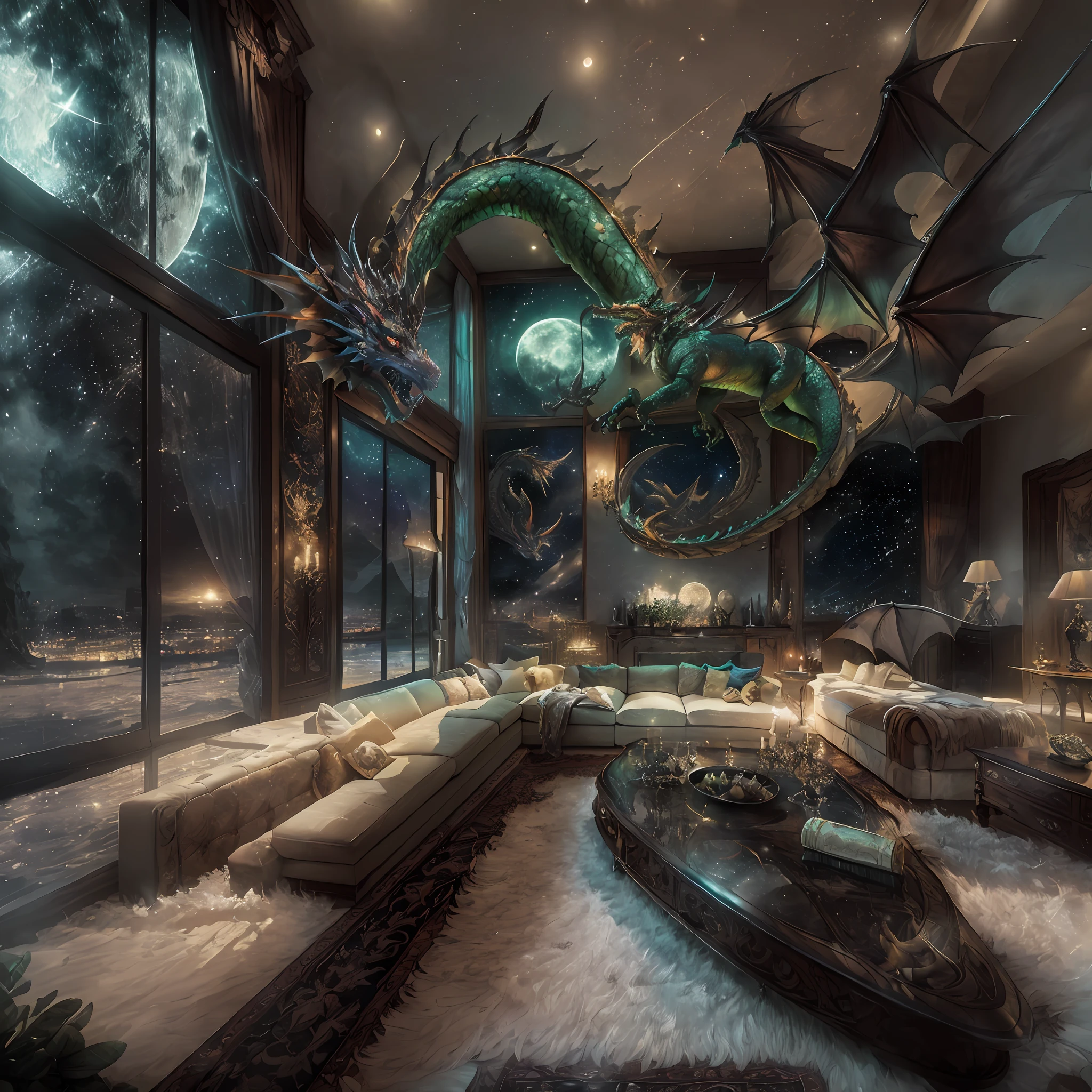 high details, best quality, 8k, [ultra detailed], masterpiece, best quality, (extremely detailed), dynamic angle, ultra wide shot, photorealistic, modern living room  room, fantasy art decoration (intense details, Masterpiece, best details: 1.5), decorative swords on the wall (intense details, Masterpiece, best details: 1.5), picture of a dragon on the wall (intense details, Masterpiece, best details: 1.5), large windows, night time, seeing moon light thorough window, stars, modern chandeliers, wine refrigerator, 2 sofas, large sofas (intense details, Masterpiece, best details: 1.5)