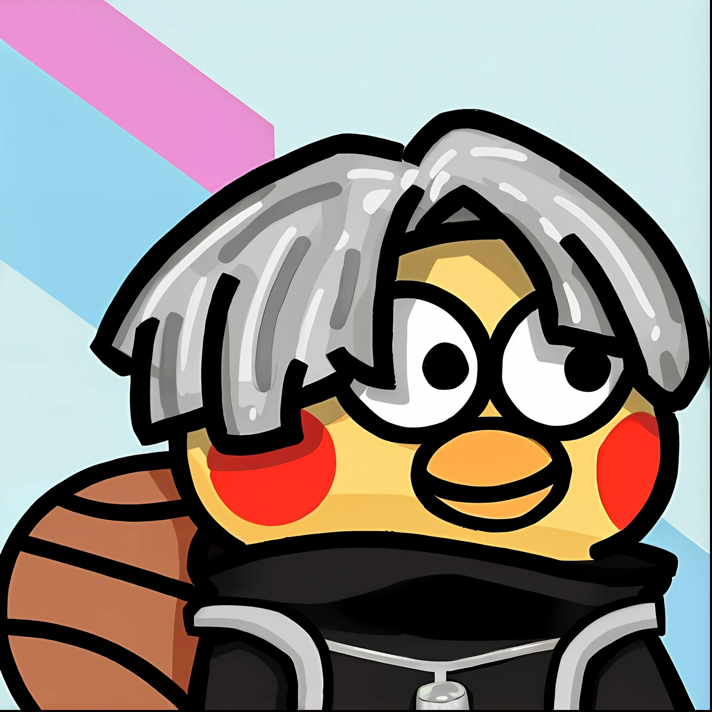Close-up of a cartoon bird,dressed in a black jacket,Wears a red and white hat, videogame character, MapleStory, inspired by Awataguchi Takamitsu, among us character, character art of maple story, inspired by Karl Pümpin, merged character, birb, hero 2 d fanart artsation, he has dark grey hairs, umamusume