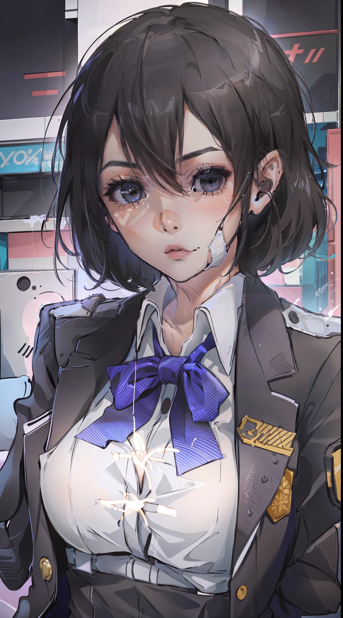 huge tit, Sexual turn, black eyes, one-girl, The color of the girl, largeeyes, black hair，16k，Need，(tmasterpiece,best qualtiy：1.3），Wear a school uniform