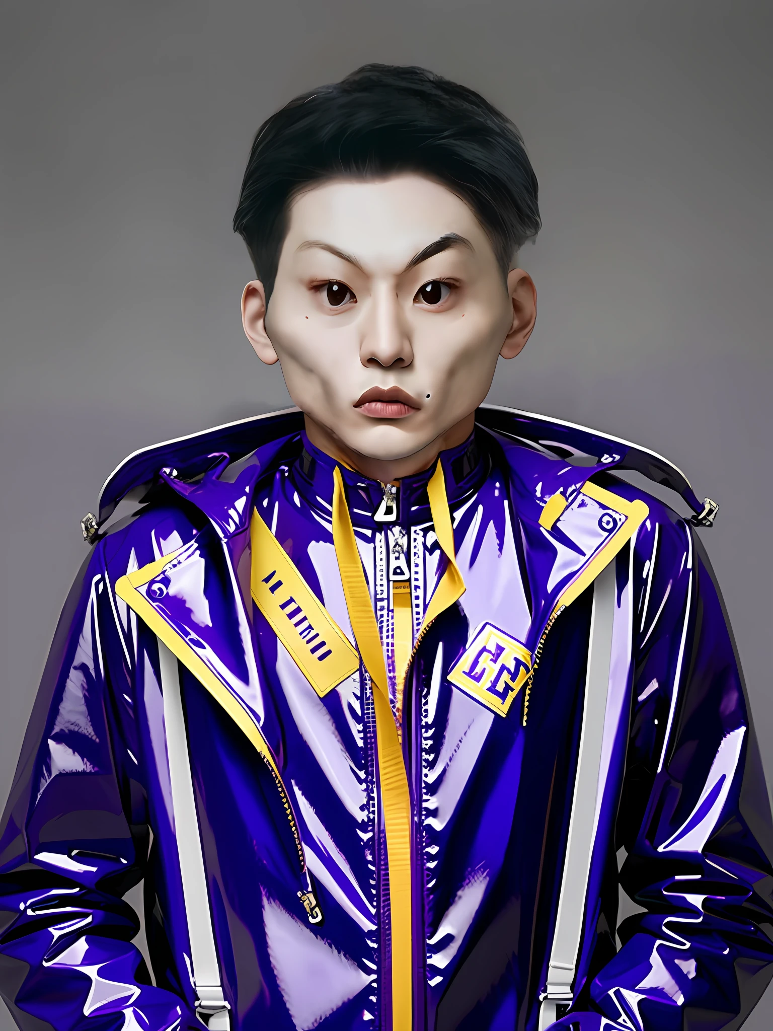 A Chinese male high school student,Wearing a purple PVC game suit
