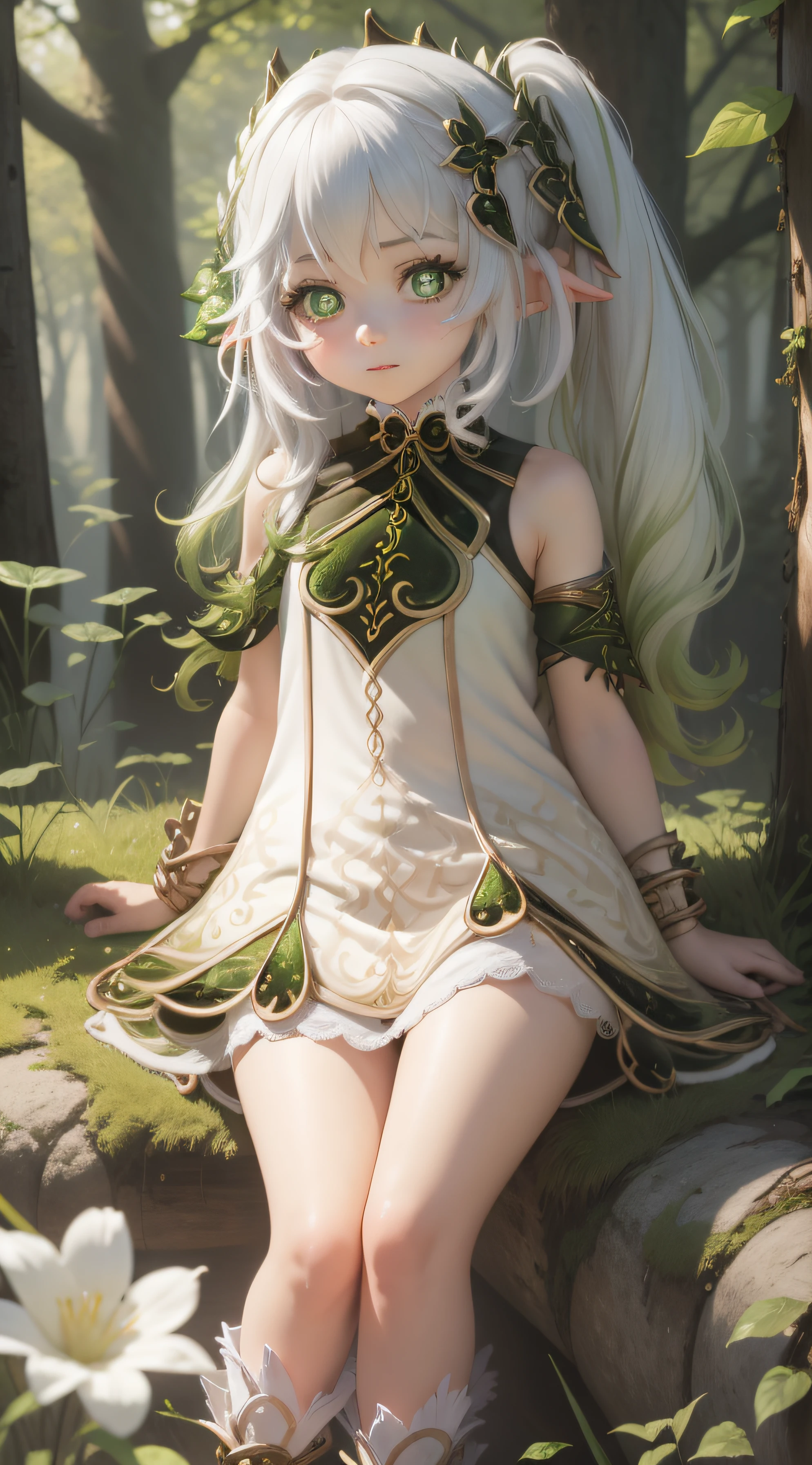 1 girl, li, 3D, small world, cute, (feet: 1.3), mischievous face, pale skin, white_hair, looking at the audience, sitting, meadow, forest, spring, available light, full body, symbol shaped pupils,