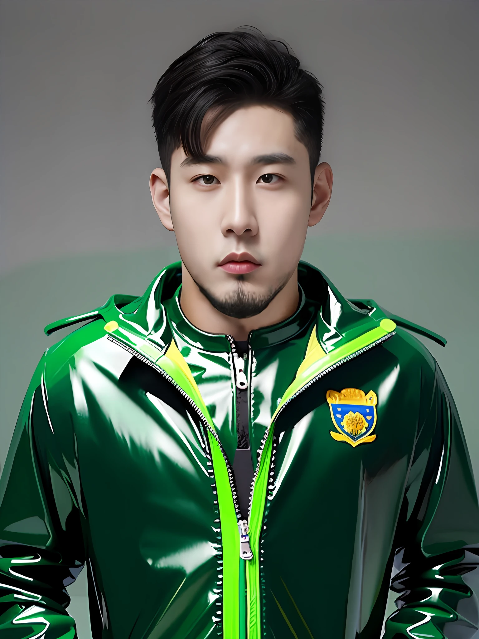 A Chinese male high school student,Wear a green PVC game suit