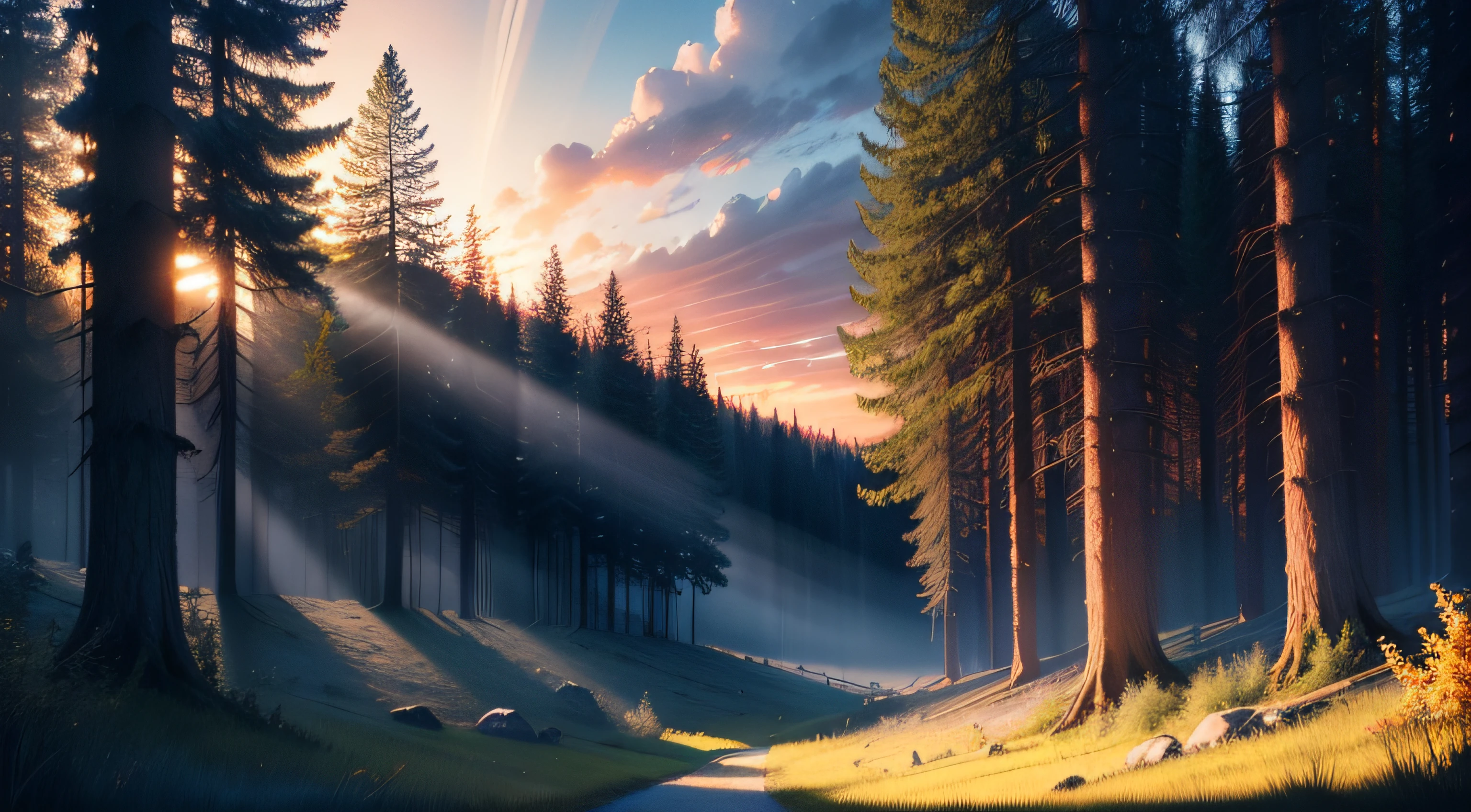 Blue Sunset, god rays ,woods,Highly detailed colors, watercolour, Beksinsky's abstract painting, part of Adrian Gheni and Gerhard Richter, Masterpiece,high resolution 8k, Ultra Render Cinematic,