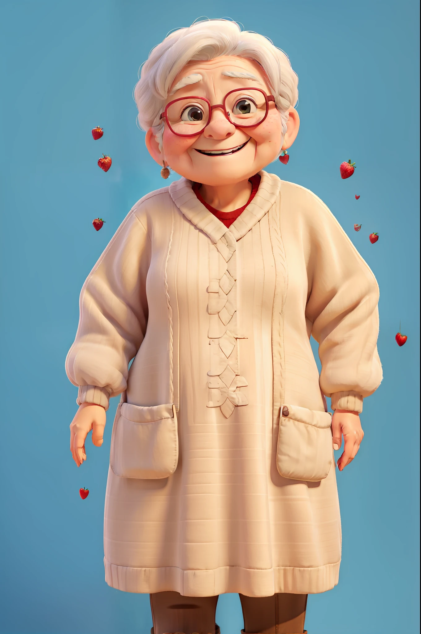 (((Original art of high quality))), Happy grandma, Chubby old woman, smiling expression, plain shirt, Big red sweater,Wash fruit,An atmosphere of happiness