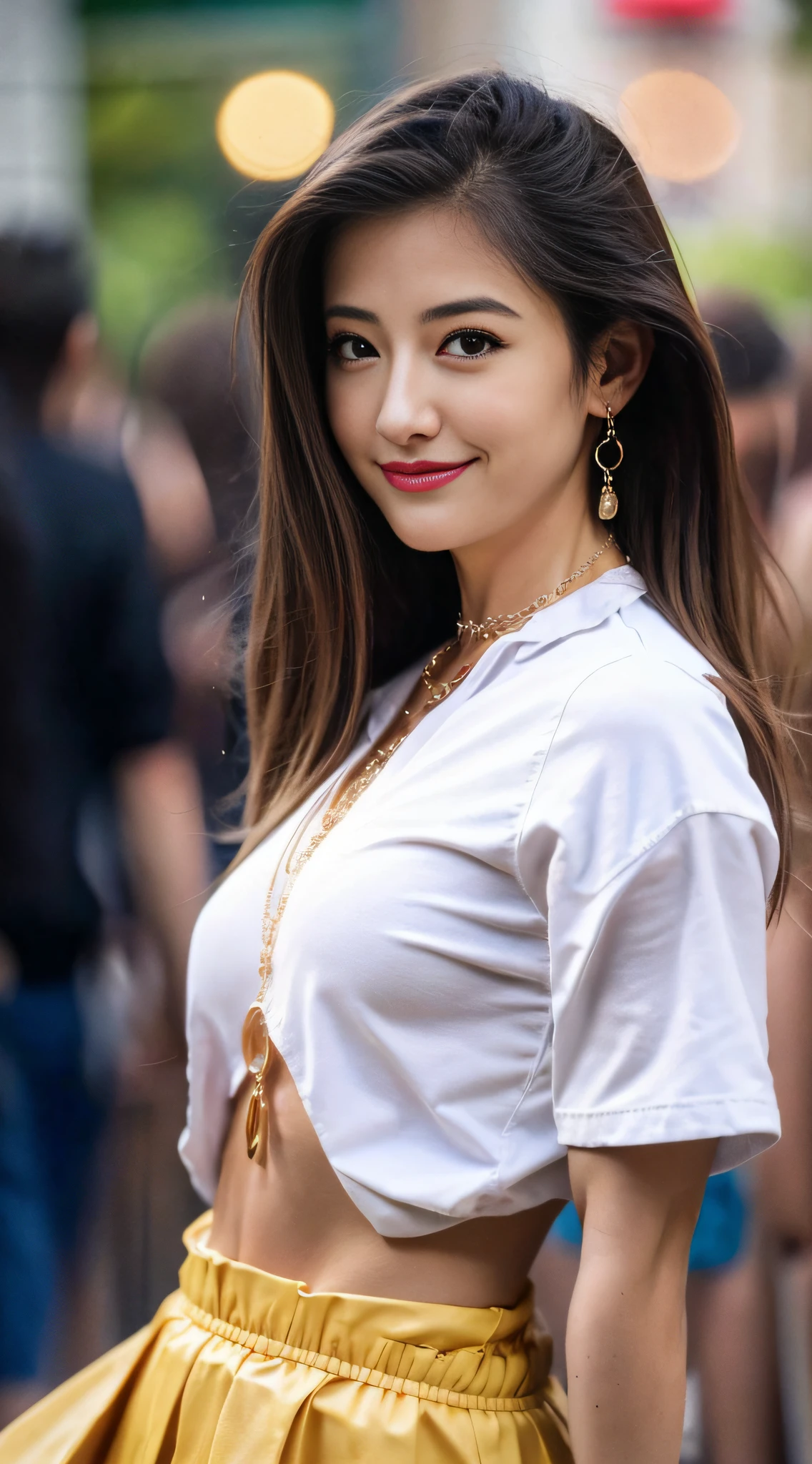 Photo Quality、An ultra-high picture quality、8K、32K、​masterpiece、top-quality、1girl in、younggirl、Brown-eyed、length hair、Disappointed_Face smile、shinny skin、(Nice leg line:1.3)、thin-waist、huge-breasted、erectile nipple、
Romper
、khaki colors_utility_Jacket、white_tshirts、Ripped_skinny_jeans、Black_lowfers、Structured_Handbag、Layered_Necklaces、
break
Around the crowd:1.1,depth of fields,Look at viewers,Looking from the side,The upper part of the body
