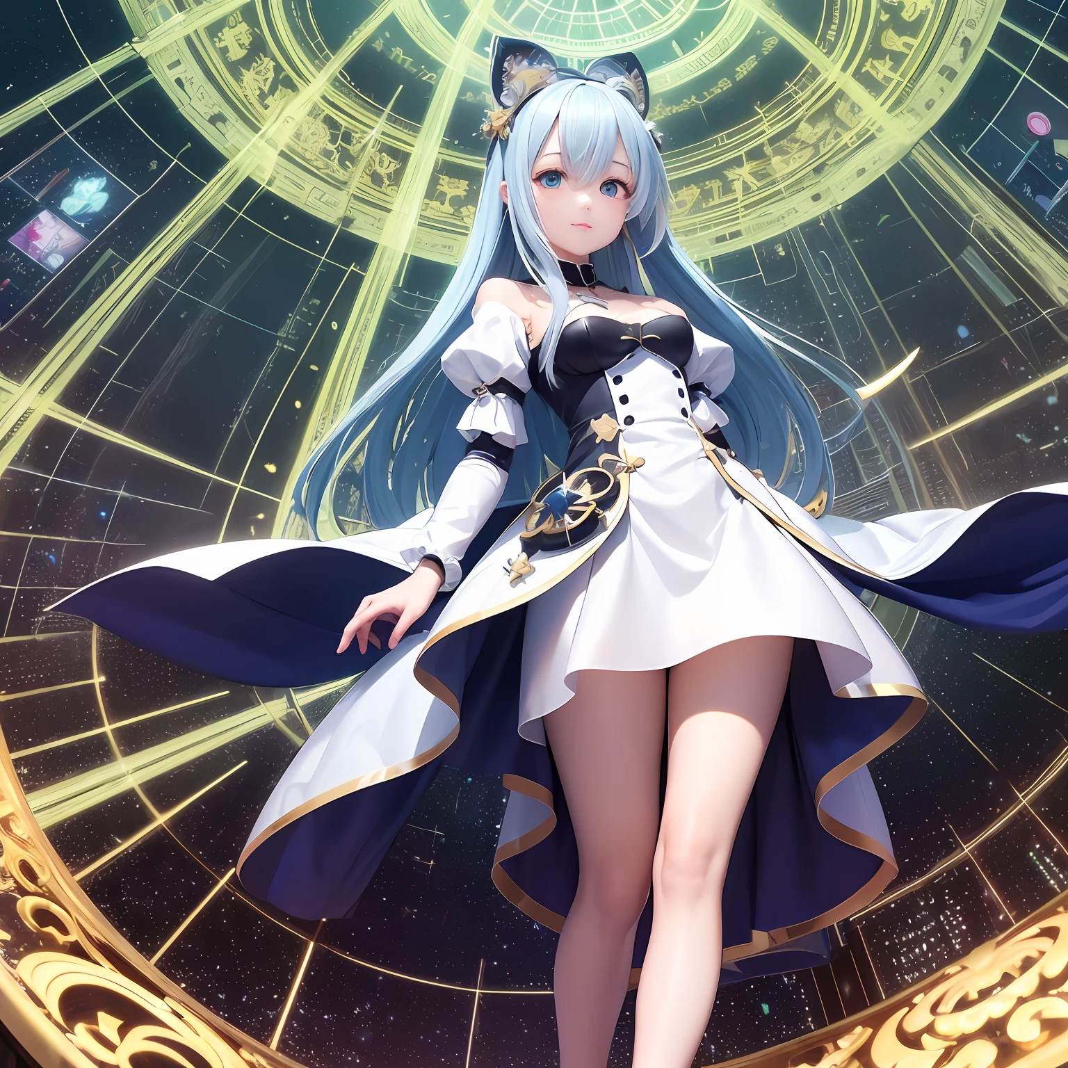 High image, Super Detail, High resolution, Anime, Manga, Illustration, White robe, cute girl android, deadpan, Flowing layered medium blue hair, Glowing big red eyes, slender, Full body, Northern Renaissance style in the background, Fantasy, Galaxy, Magic Circle, Kaleidoscope, Rainbow and golden neon lights emitting many lines radiating from the floor and ceiling, cyberpunked, Water droplets, splash water