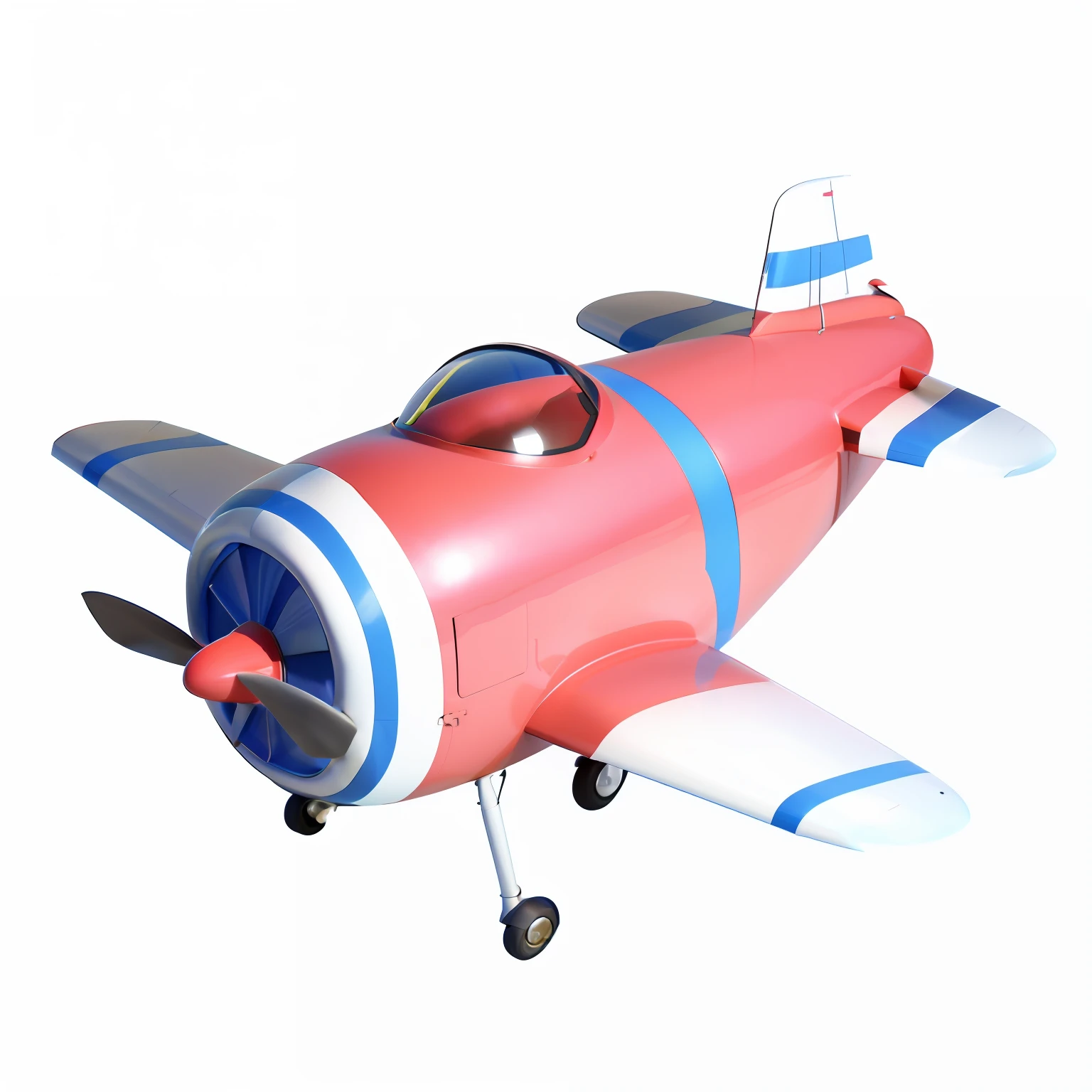 Close-up of a small red plane with blue stripes, depicted as a 3 d render, 3 d render stylized, airbrush render, flatillustration, 3 D 插图, 3D illustration, highly detailed toy, realistic aircraft, 3 d render n - 9, cartoon fantasy spaceship, Stylized 3 D, rendered 3d model, There is no glass cover,Use in live room scenarios