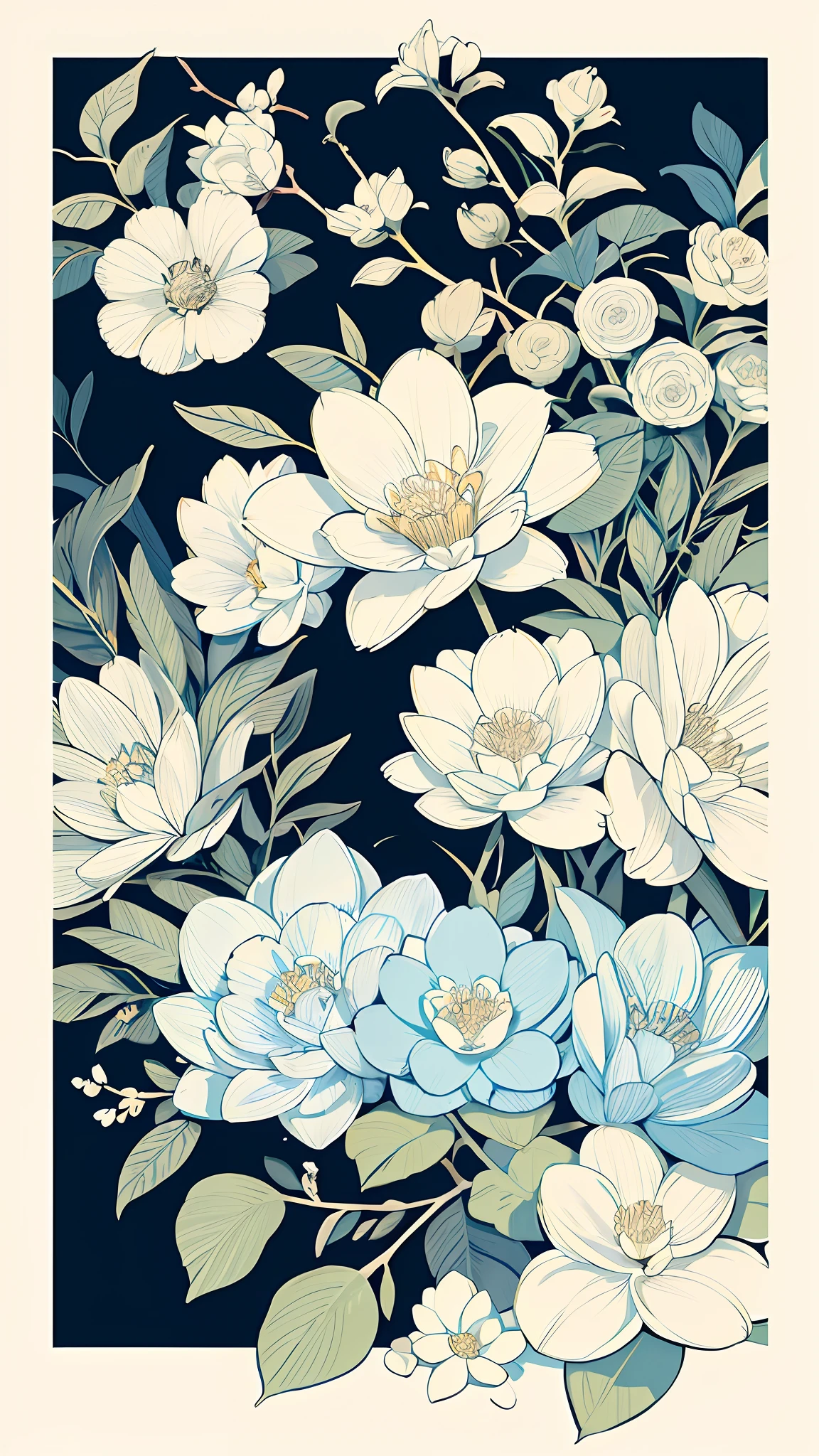 planar,,RISO print style,illustration,adolable,Lots of flowers，combi，leafs，branches，Printing， a sticker，Random distribution，Lovely drawing style， Color guide，Graphic design，Carpet pattern，（white backgrounid），Slightly French，（Black and white lines，sketching，pen painting，Missing colors）