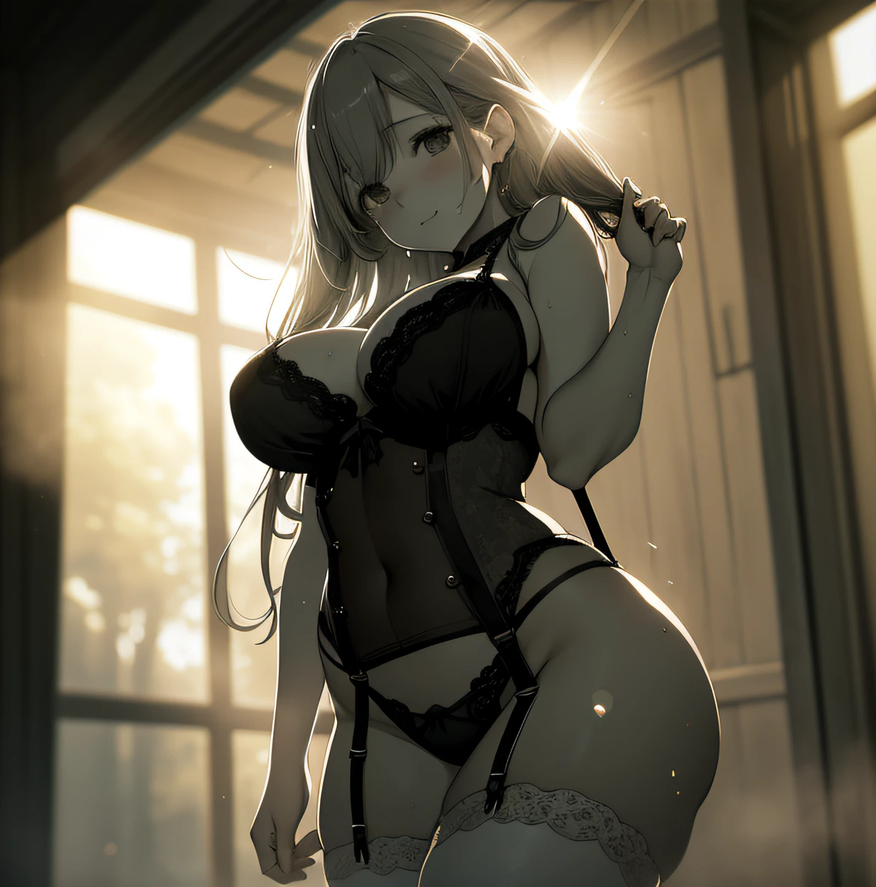 Charming , sensual lingerie, Suspender stockings, looking at viewert, busty figure, fleshy feeling, Sweat profusely, Perfect details, High-resolution fine textures, Depth of field effect, Brilliant lighting effects, lightand shade contrast, Ray tracing and flare effects, Best texture, Genre painting