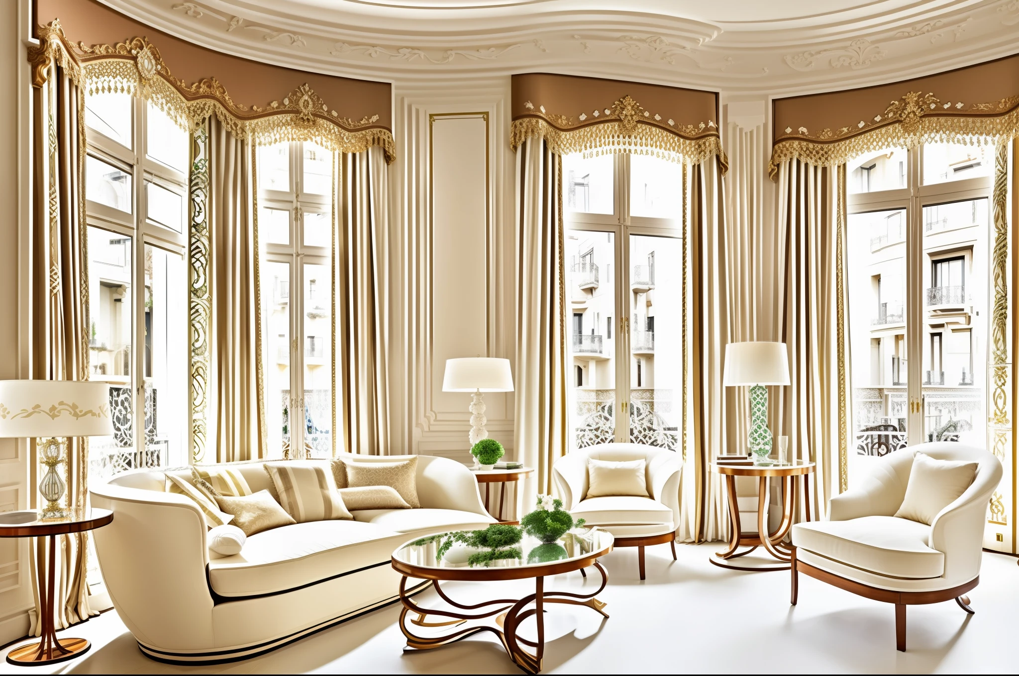 Living room in Barcelona, modernist, Art Nouveau, Gaudy inspired decoration and architecture. Large window with creamy white curtains. Furniture with curvy lines. Palette of white, beige, russet, green, lila, maroon, taupe.