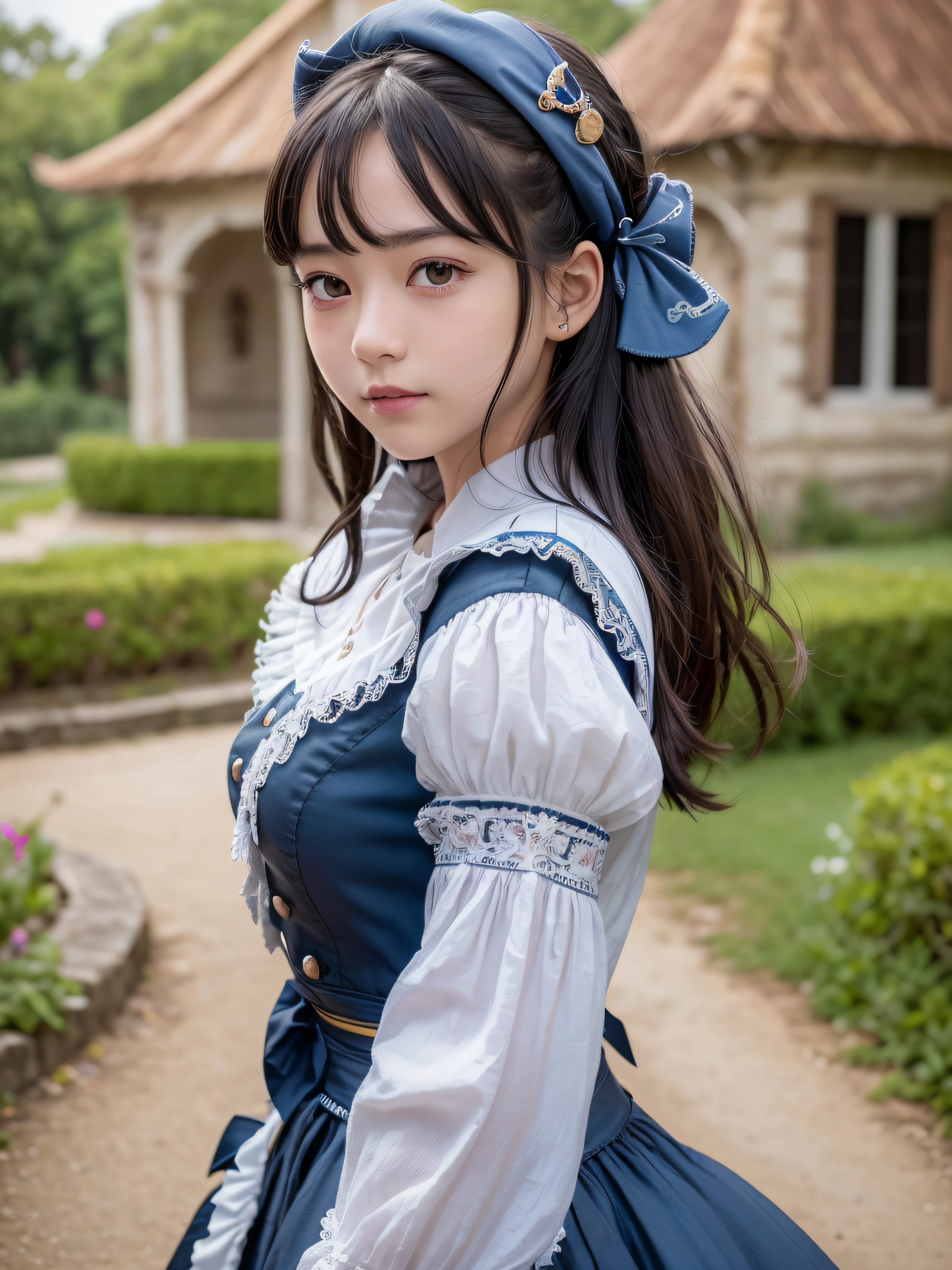 (best quality:1.4), 8K, ultra high definition, (ultra high res:1.2), absurdres:1.2, (raw photo1.2), (realistic, photo realistic:1.4), (masterpiece:1.3), (intricate details:1.2), 1 nogizaka girl, utterly cute, (bishojo:1.35), (:1.4), ultra detailed beautiful eyes and face and skin, perfect shiny skin, perfect skin, fair skin, medium breasts, french hair, ultra detailed black hair, cinematic lighting, smile at the camera, cowboy shot, ((alice and the pirates fashion)), ultra detailed beautiful dress, (hair accessory with blue rose), petit trianon garden and farmhouse, view a village and lake, ultra detailed background