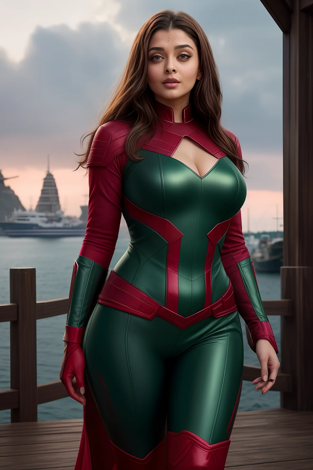 Aishwarya rai as scarlet witch superhero, no forehead marking, full body image, knee high boots, green bodycon scarlet witch suit, athletic curvy figure, open hair, posing in ship dockyard, day scene, hourglass figure, small breasts, fit, seductive face, look at camera and laugh, erotic adult face, 40 yo, soft volumetric lights, intricate details, (ArtStation:1.2)