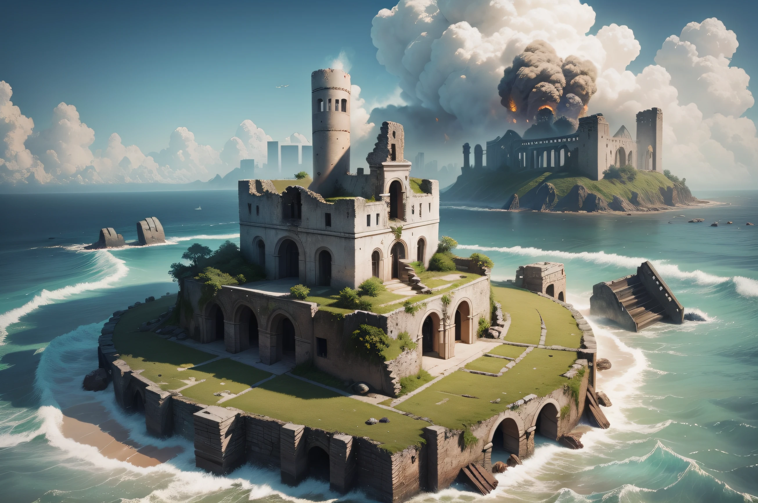 Close-up view of the ruins of the island,Wagas,smoke of gunpowder,smog,Gloomy day,Slight top-down,frontage,Horizontal, Close-up