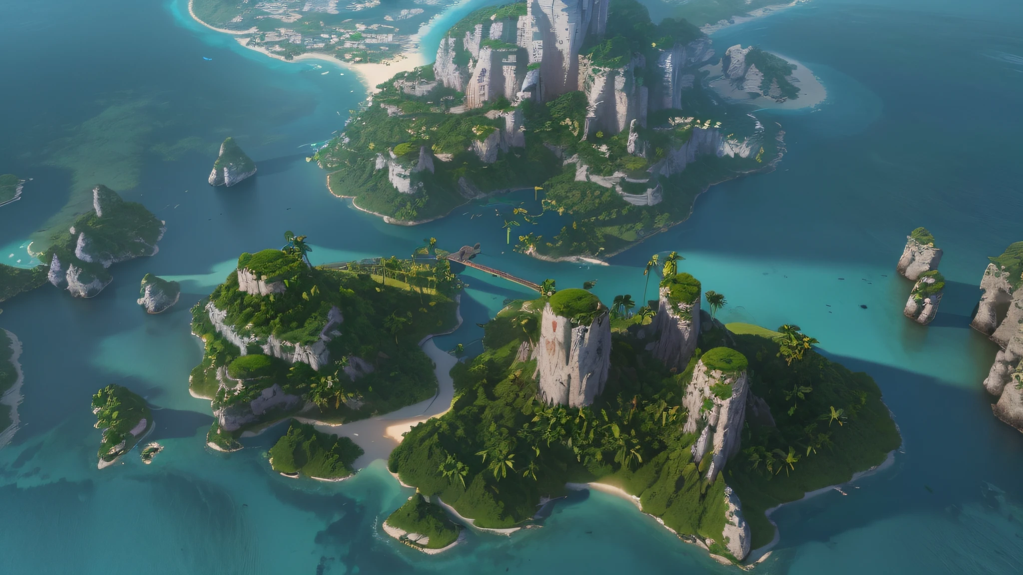 Aerial view of a tropical island，The river runs through it, epic matte painting of an island, 8 k landscape render, beautiful landscape rendering, rendered in corona, rendered in arnold, Rendered in Cinema4D, rendered in cinema 4 d, rendered in 4 k, High resolution 8K, rendered in 32k huhd, 3d rendered matte painting