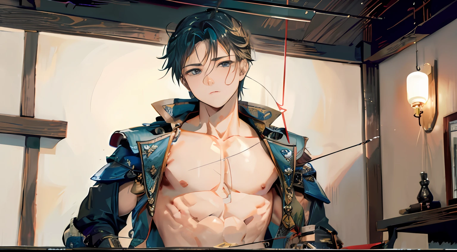 Boy adding an arrow to his mouth、up of face、Cool atmosphere、Stylish、Luxurious atmosphere、showy、独奏、male people、Archer、bow and arrow、The word、Muscular Boys、pectoral muscles