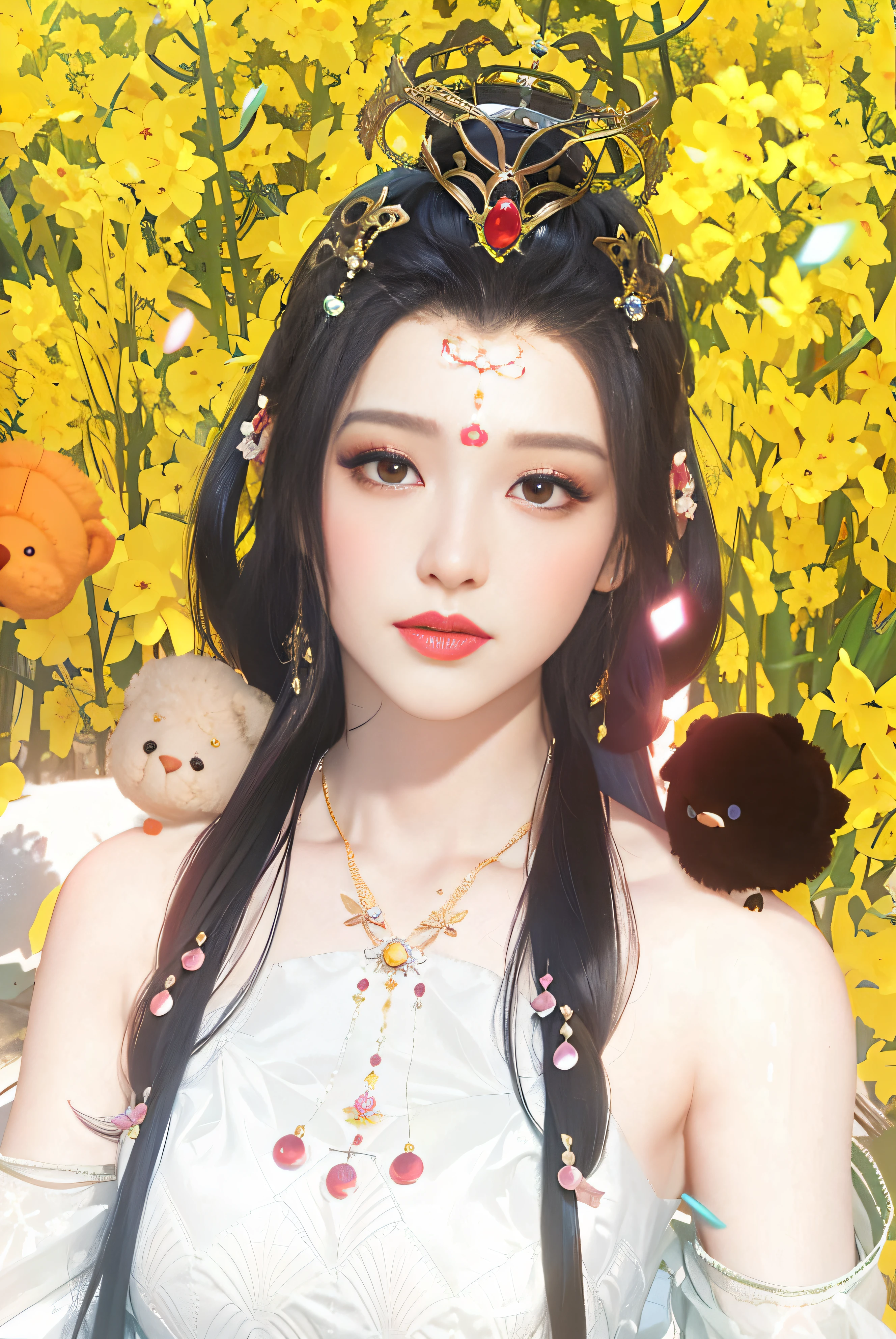 In the field there is a woman wearing a crown and a teddy bear, a beautiful fantasy empress, Inspired by Lan Ying, ((a beautiful fantasy empress)), Middle metaverse, inspired by Jin Nong, Inspired by Huang Ji, inspired by Lü Ji, inspired by Sim Sa-jeong, inspired by Luo Mu, Inspired by Qiu Ying