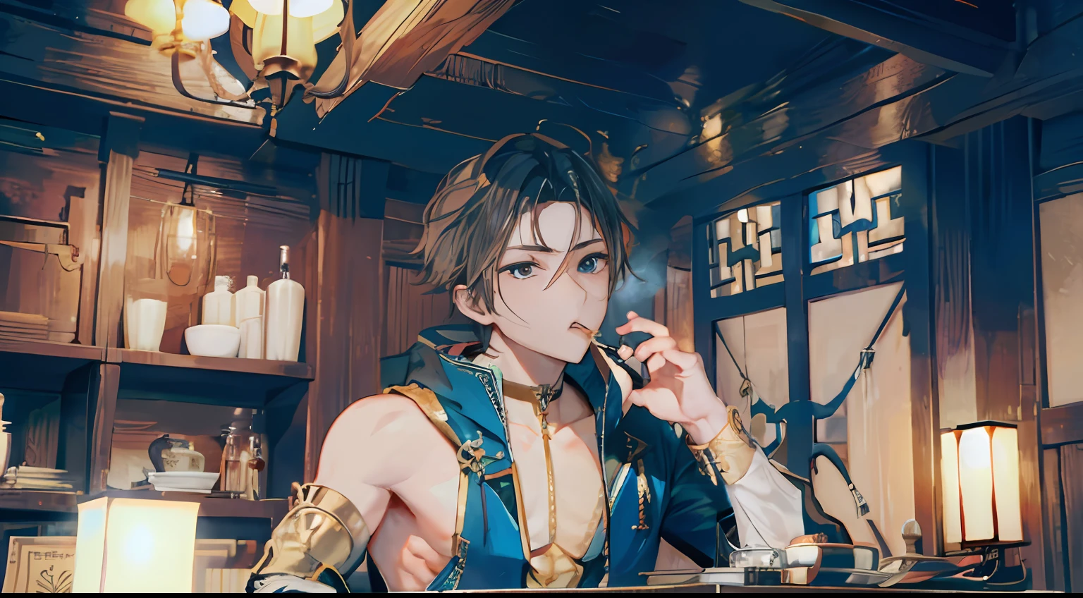 Boy adding an arrow to his mouth、up of face、Cool atmosphere、Stylish、Luxurious atmosphere、showy、独奏、male people、Archer、bow and arrow、The word、Muscular Boys、pectoral muscles