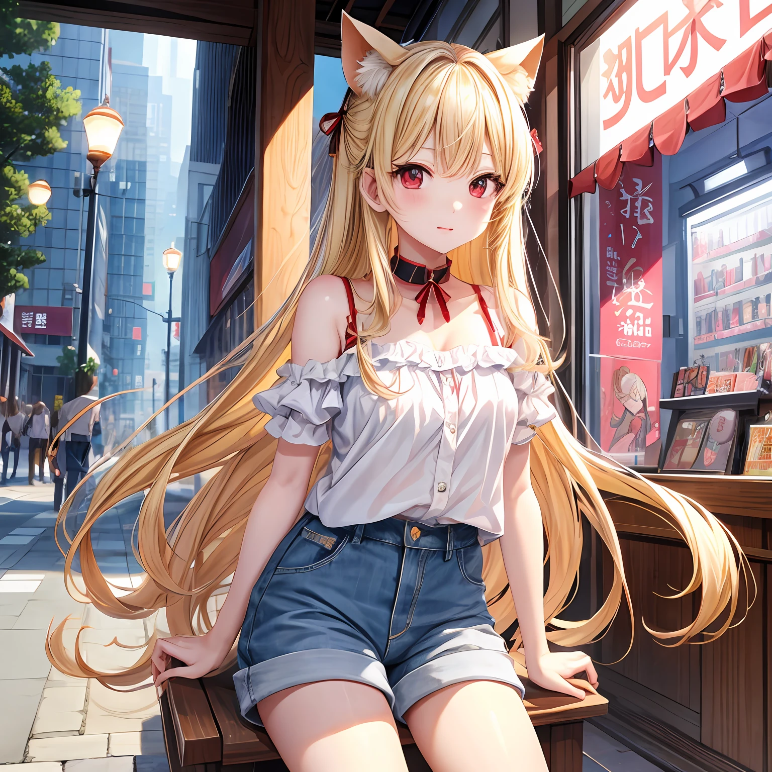 a blond、red eyes、One pretty girl、独奏、animesque、off shoulders、shortpants