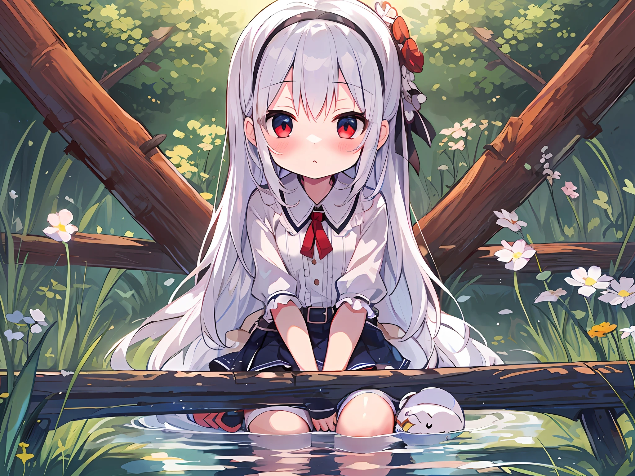 Anime girl sitting on bridge on pond with a bird, Kantai collection style, Perfect white haired girl, Official artwork, anime visual of a cute girl, Girl with white hair, white-haired god, white haired Cangcang, shirabii, style of anime4 K, Splash art anime Loli, offcial art, nyaruko-san, small curvaceous loli