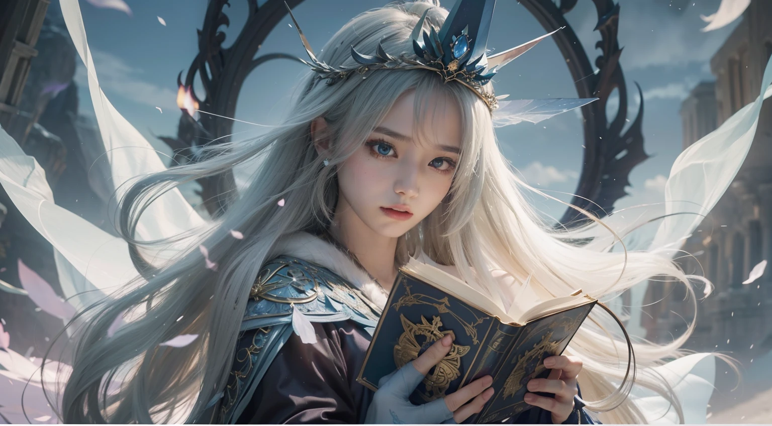 Crystal Castle Sealed in a Book of Magic,Blood,Night, Dark, (Fantasy),infinite,deep blue sky,The abyss of knowledge,Cowledge,((masutepiece)), (((Best Quality))),((Beautiful fine eyes)),(Eye lashes)、Beautiful girl riding a huge white bear with armor、(女の子1人)、Perfect human body structure、Black hair fluttering in the wind、The long-haired、abyss eyes、glowy skin、oils、small tits、Wizard robes、tattered cloth、Realistic coat、Teenchi、Super delicate CG Unity 32k wallpaper、masterpiece, ((ultra-detailliert)), ((illustratio)),colourfull,wall-paper,The energy,Unknown terror,Incomprehensible,Around the magic,Magical surroundings,magic wands,Boken,Flying pages,Know everything,Predict the future、Get to know the past、Infinite wisdom、blue flames、Warlock、magic circles、Pentagram、Spells、mantra、Singing magic