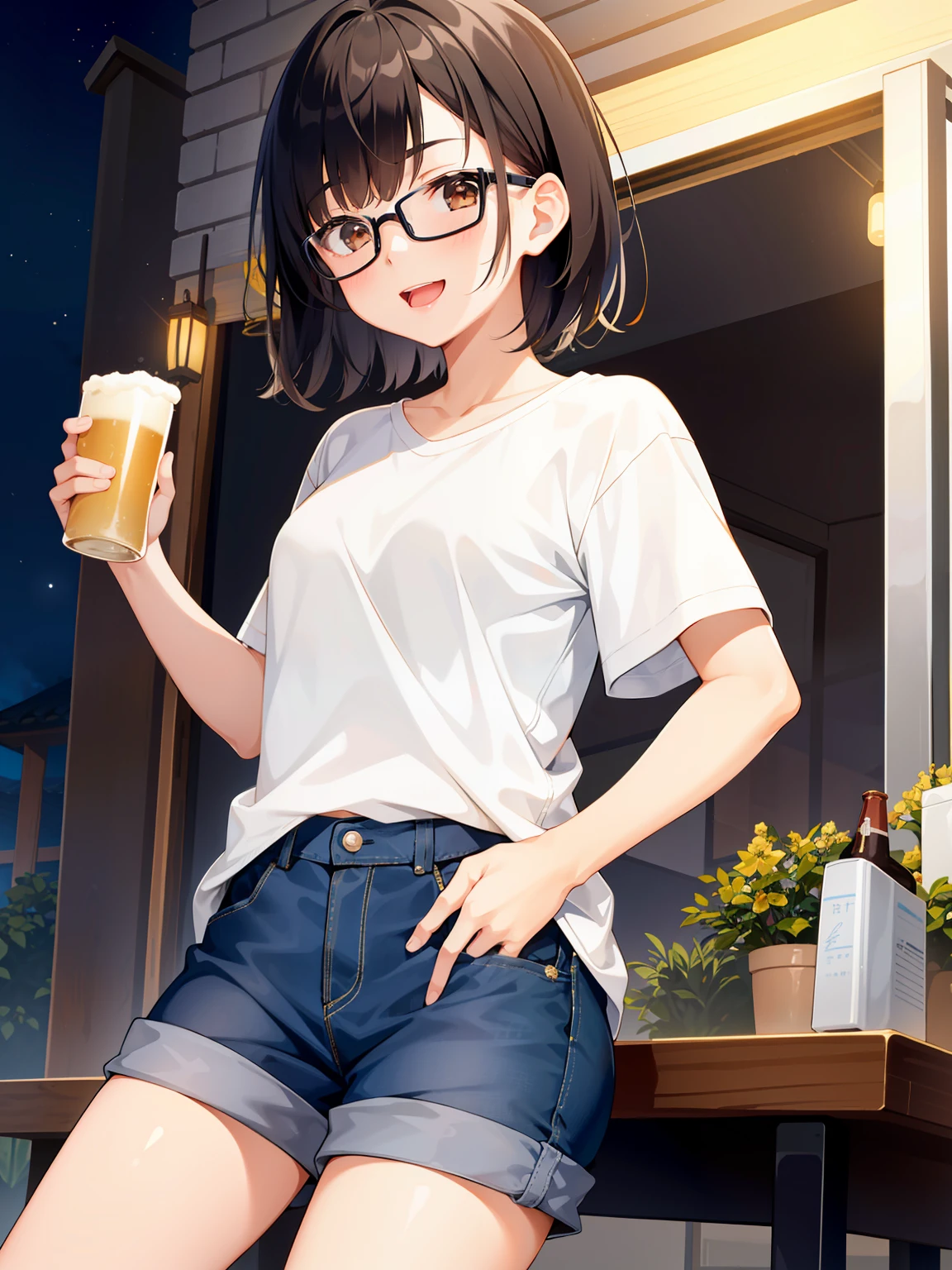 (girl with、独奏、a junior high school student、A dark-haired、short-hair、straight haired、hair adornments、Light brown eyes、A smile、wearing black glasses、small tits、cute face)、masterpiece、best qualtiy、ultra-detailliert、illustratio、shirt with lace、jeans、sky at night、Via、Beer in hand