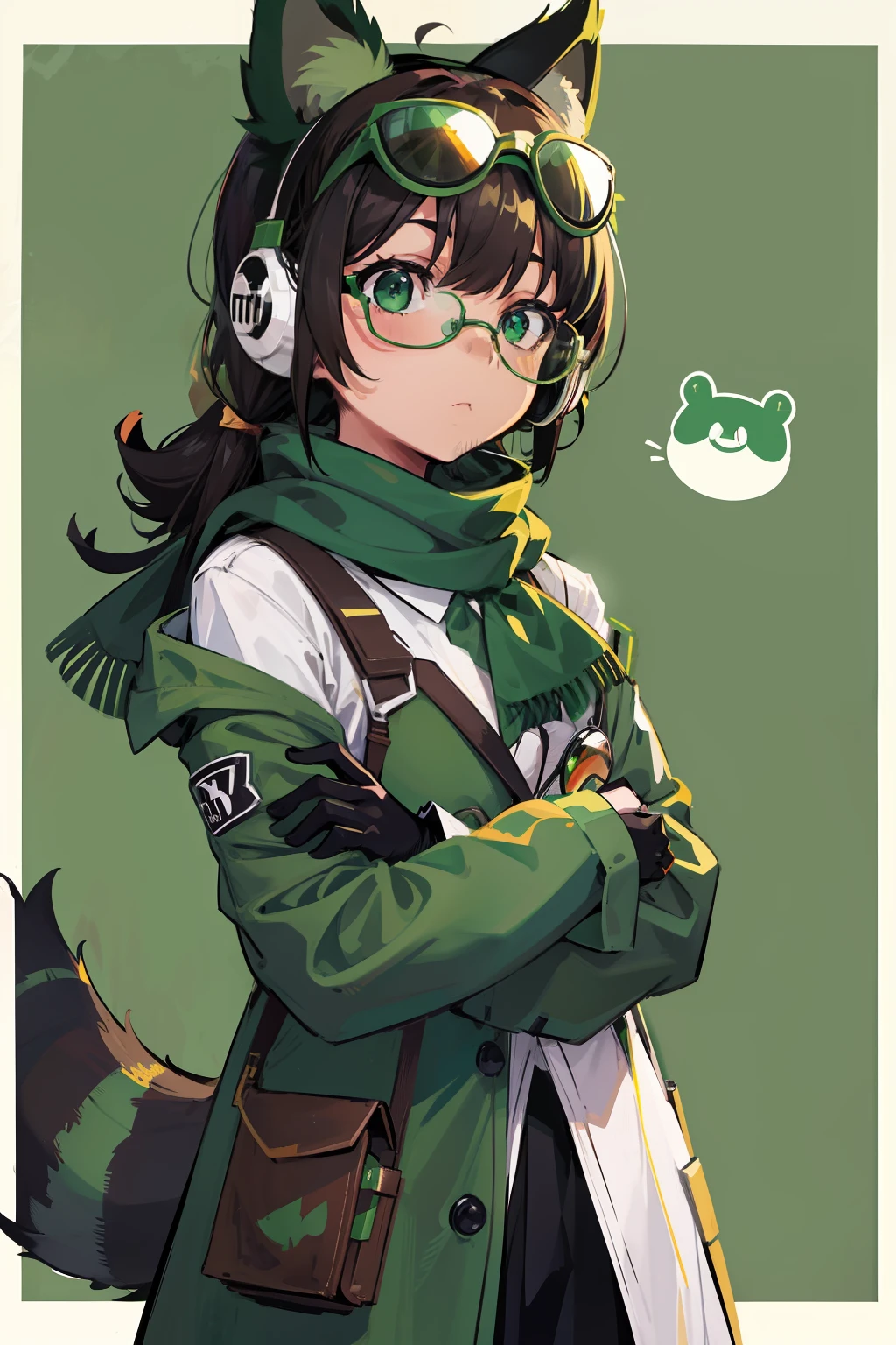 1girl,brown_hair,camouflage,coke-bottle_glasses,cosplay,eyewear_on_head,facial_hair,frog,full_body,glasses,gloves,goggles,green-framed_eyewear,green_bikini,green_bow,green_bowtie,green_eyes,green_gloves,green_headwear,green_neckwear,green_ribbon,green_scarf,headphones_around_neck,labcoat,leaf,leaf_on_head,male_focus,parody,raccoon_ears,raccoon_tail,solo,su_background,futatsuiwa_mamizou,luigi,rowlet