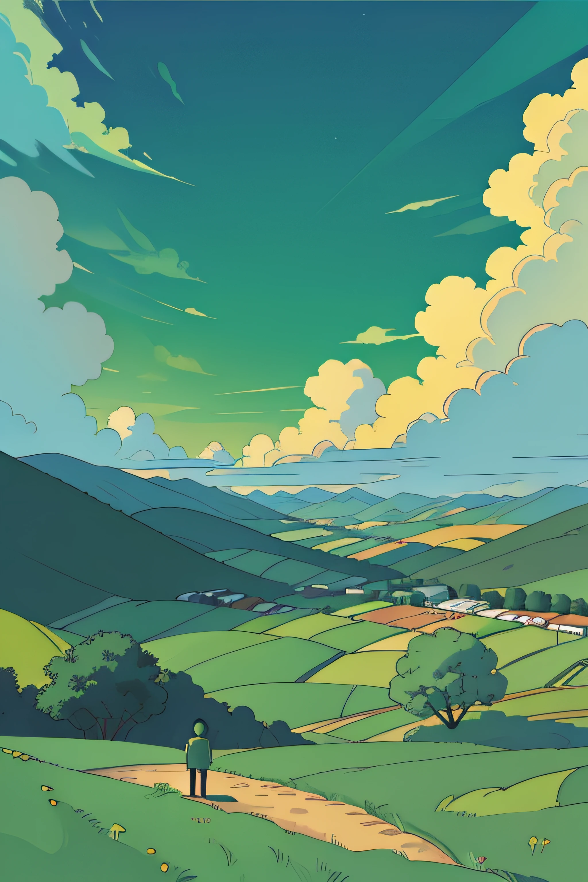 paisagem flat 2D, verde, heaven, Clouds