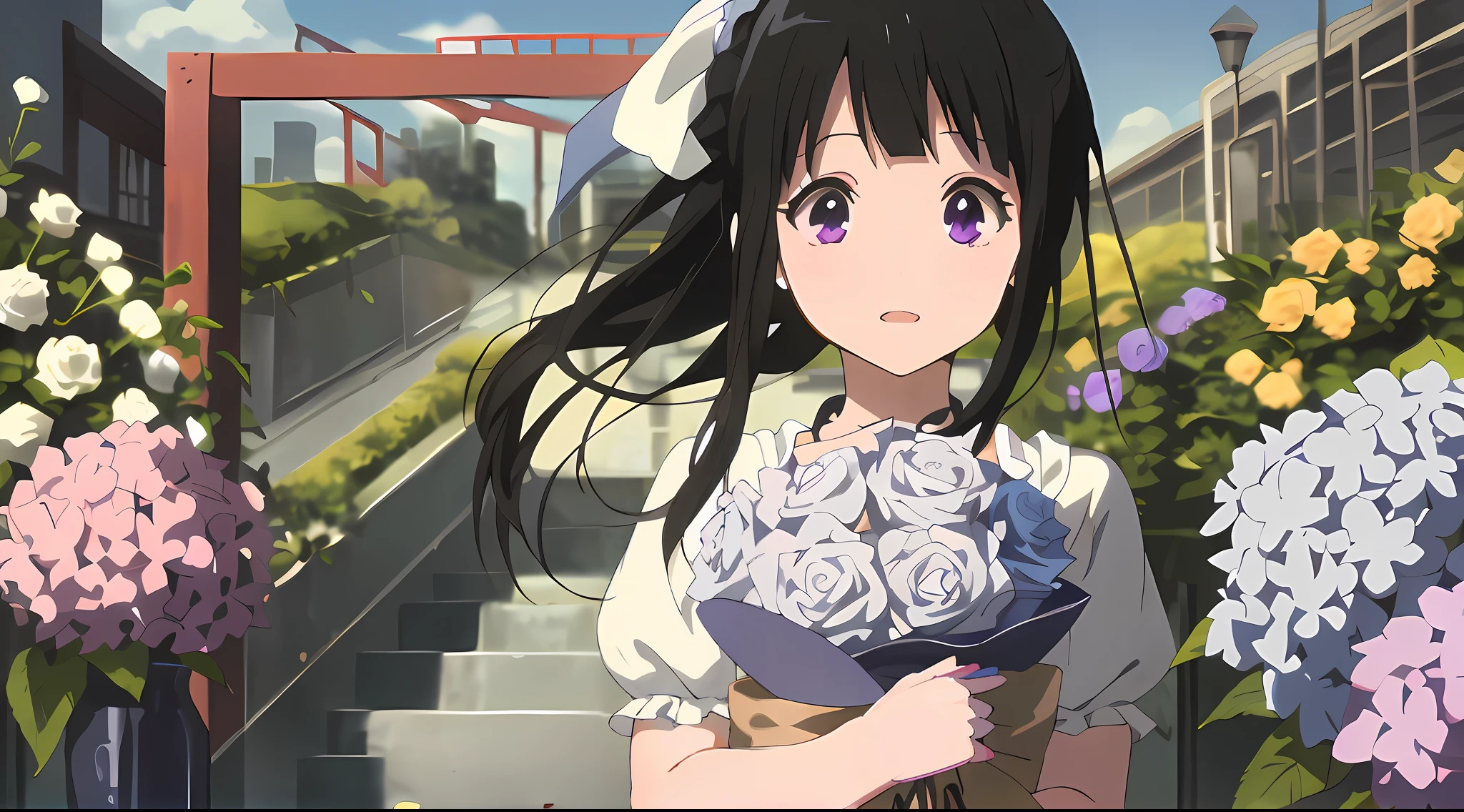 Anime girl with long black hair holding a bouquet of flowers, anime visual of a cute girl, anime moe art style, anime best girl, anime visual of a young woman, in the anime film, Smooth anime CG art, official anime still, Today's featured anime stills, hanayamata, offcial art, anime still frame, kyoto animation still, screenshot from the anime film