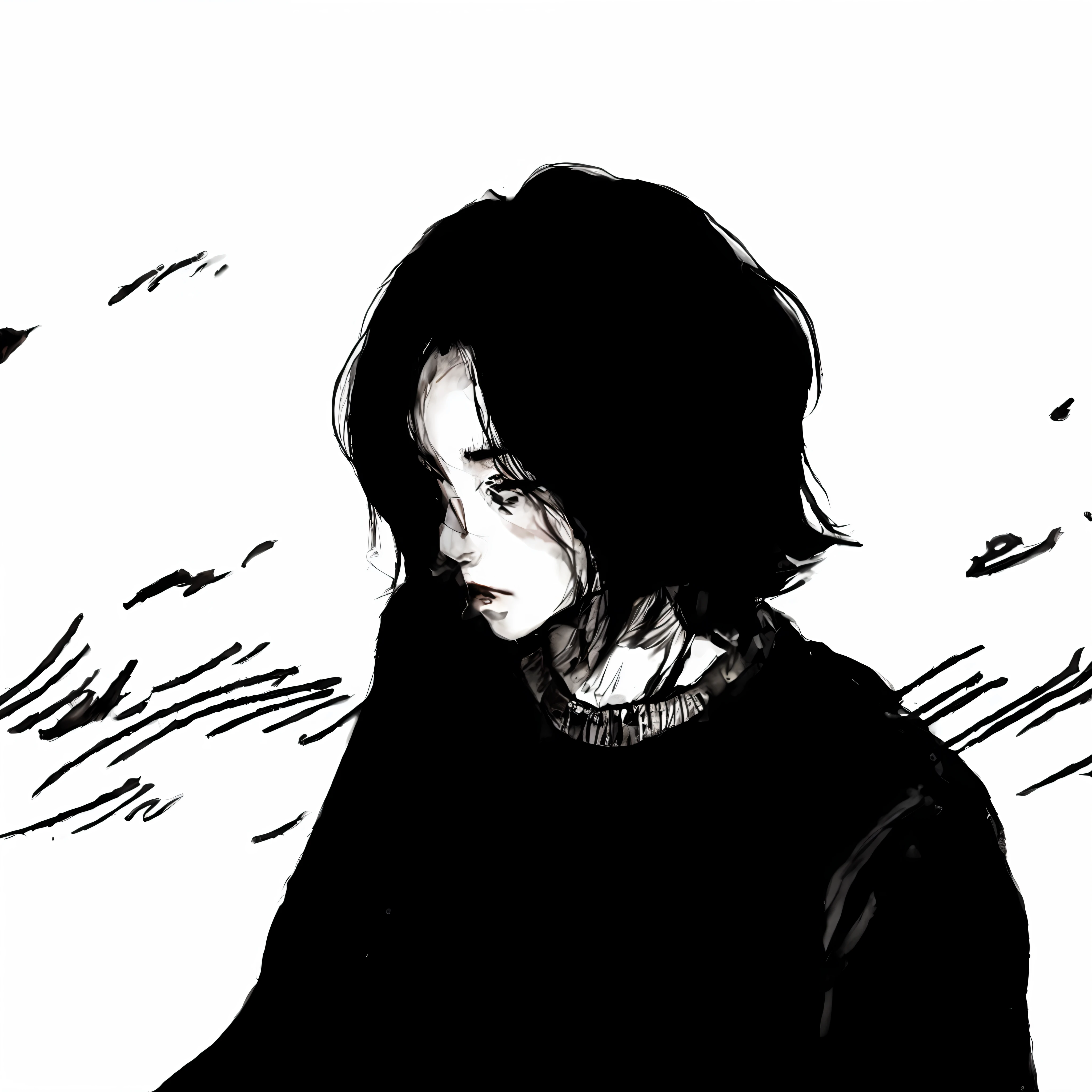 A beautiful ink comic style,Black minimalist lines,Pure white background,Image of Arafard sitting on a park bench,He is a gentle 18-year-old handsome guy in the art of Demon Slayer,juvenile sense,a sense of atmosphere。He wore a sad expression,It exudes feelings that are as gentle as water。Floor plan about the《Ishida art manga》,The painting features black-haired Mizu Ishida and Shigeri Aijima illustration in black manga style。