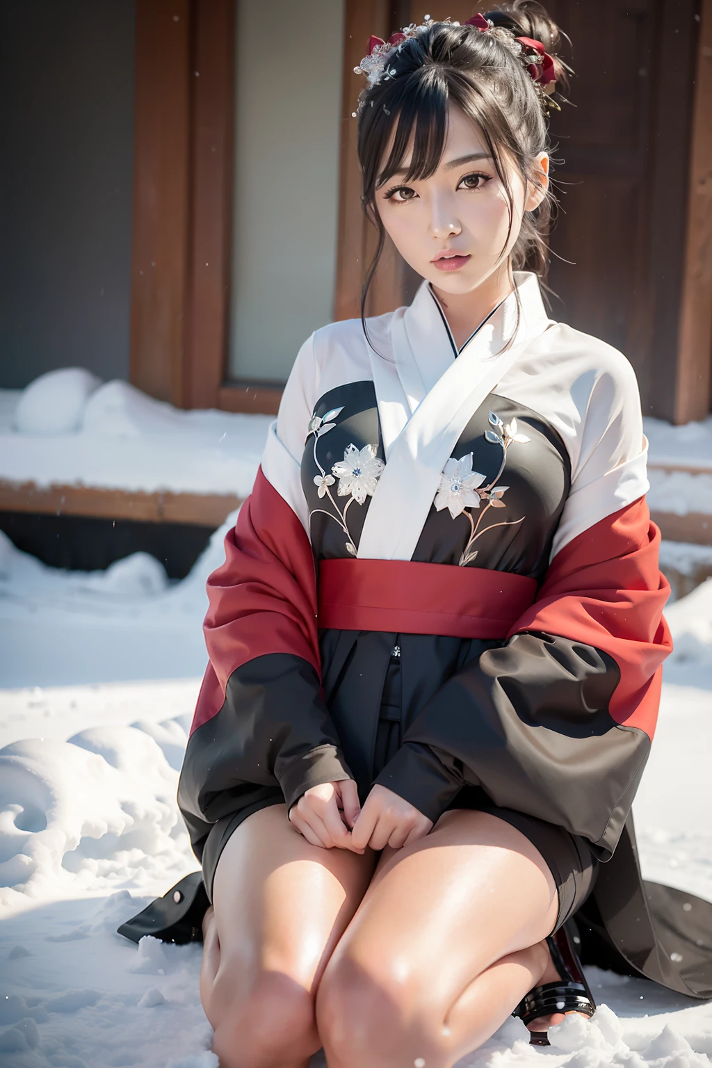 Close-up avatar shooting,Kneeling in the snow,Avatar photo,Snow map style,((heavy snowy)),1 female,28 year old,(Numerical portrait:Honami Suzuki,Yui Natsukawa),Perfect and pure face,(Leptoskeleton face,s delicate face),hyperdetailed face,(Delicate Japanese makeup), Black colored eyes,(Look into the distance),Black hair,(Classic hairstyle:High-top bag)),Red lips open,Fair smooth neck,(Best Skin Type:1.21),(Classic white kimono,(Red inner collar+Red waist seal)),masterpiece1.3,((Hasselblad photograp)),8K, physically-based renderingt,profesional lighting,Surreal photography,exquisite detailing,The picture is pure,perfect hand,Perfect kneeling position,Ultra-fine clothing material